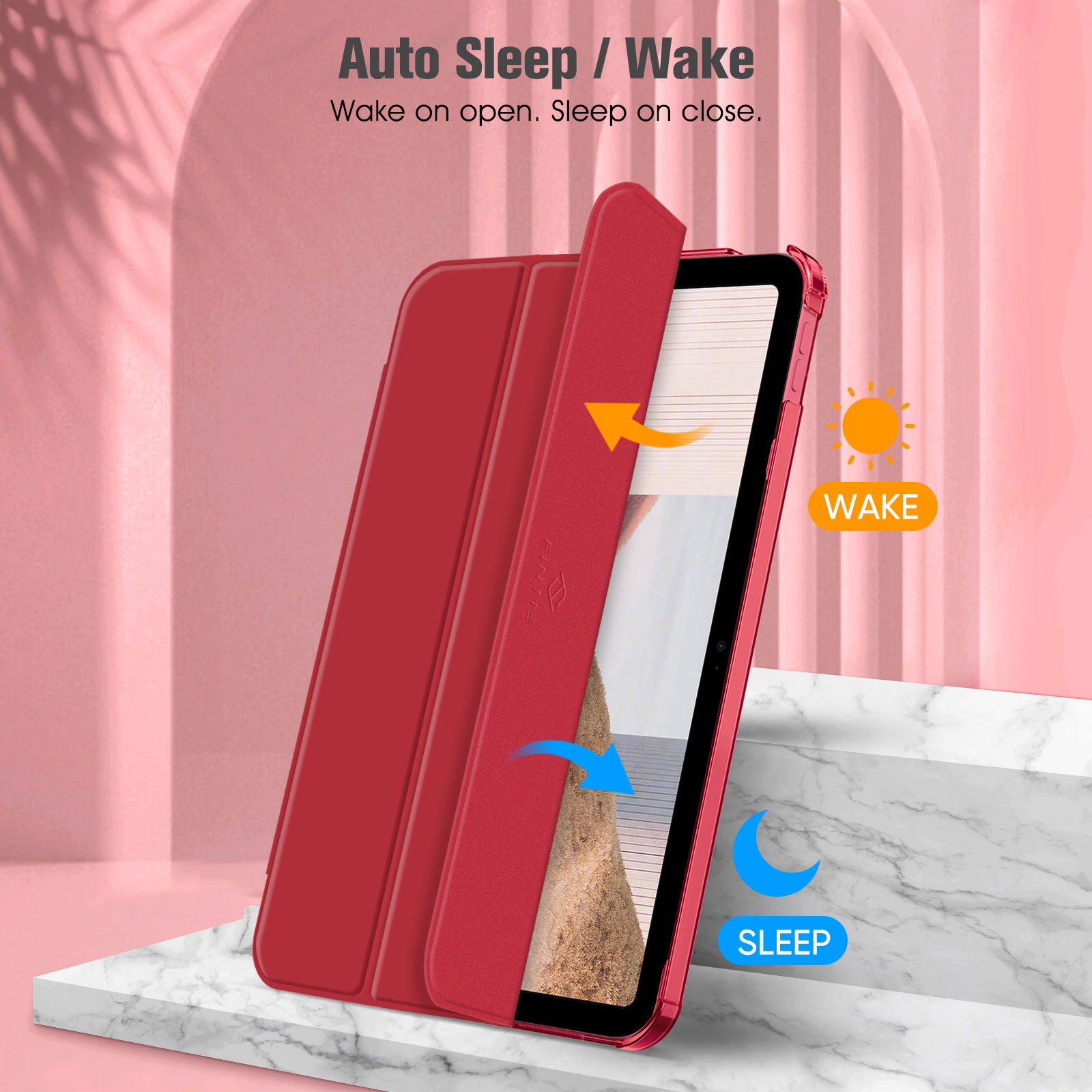 Eine rote Tablet-Hülle steht auf einer Marmoroberfläche und verfügt über eine Sleep/Wake-Funktion.