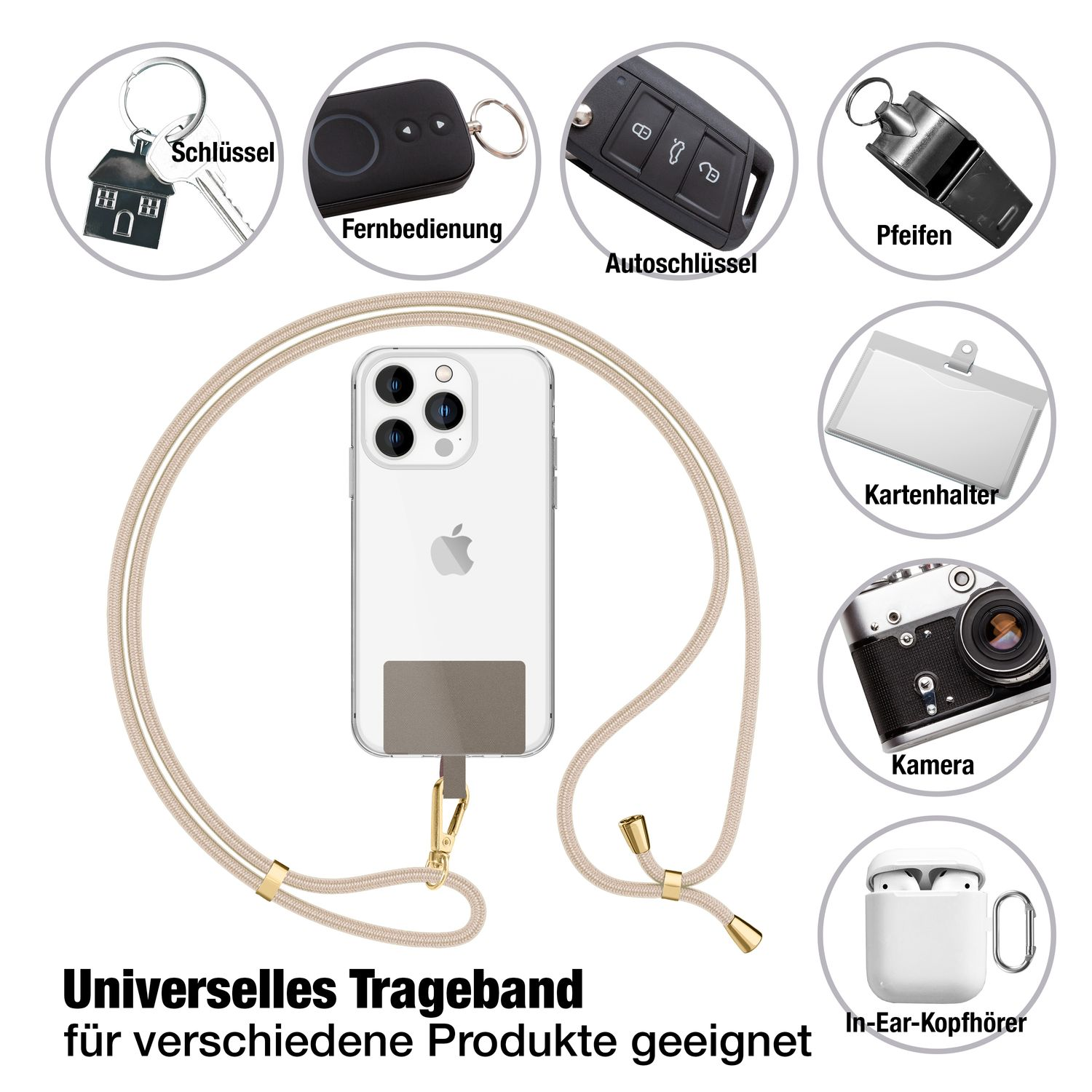 Ein Telefon mit einem Schlüsselband ist von Schlüsseln, einer Kamera und In-Ear-Kopfhörern umgeben.