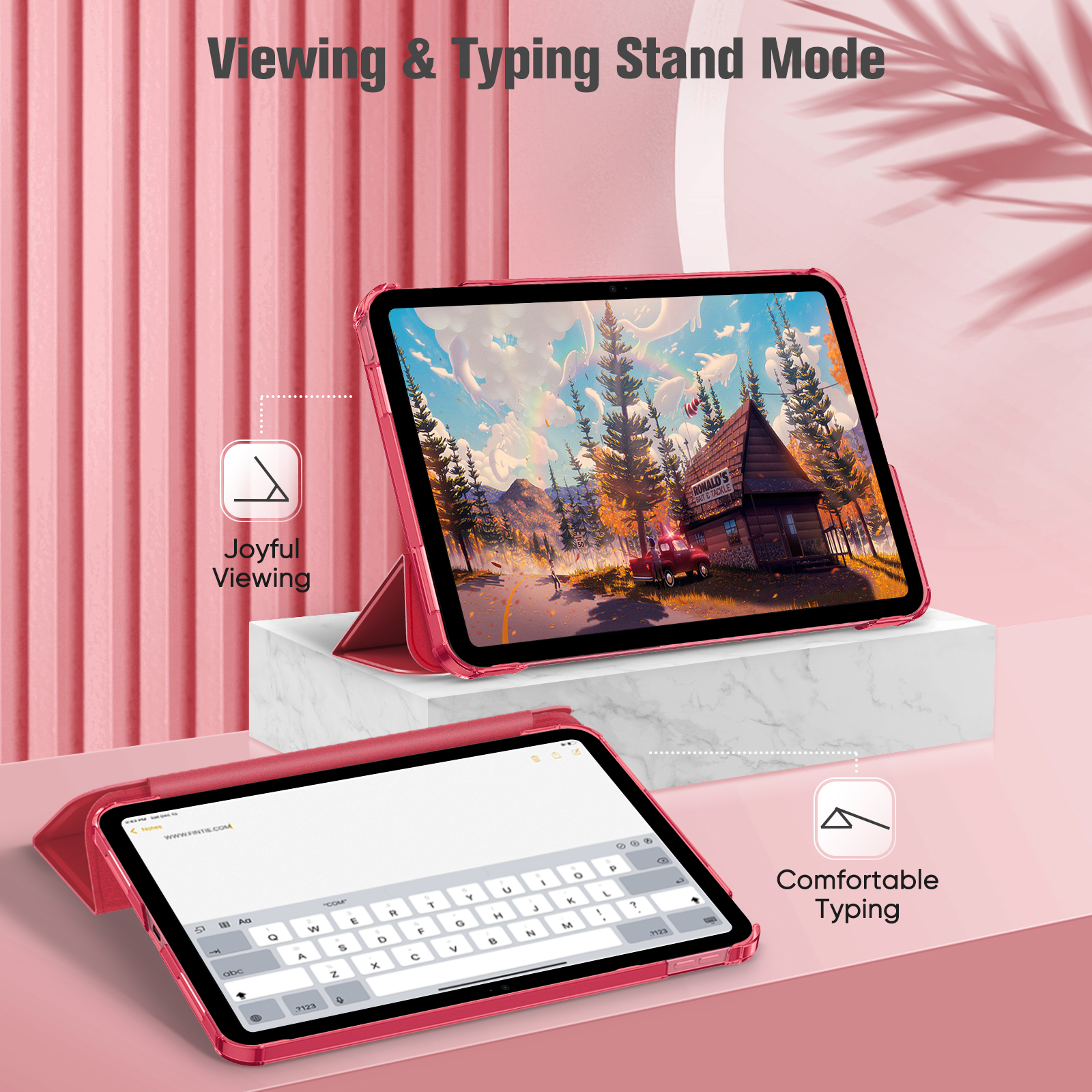 Zwei Tablets in roten Hüllen werden im Betrachtungs- und Tippständer-Modus angezeigt.