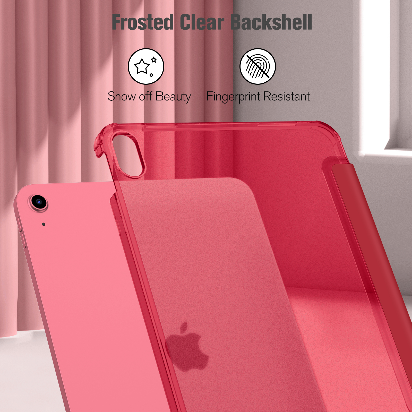 Eine rosa Tablet-Hülle mit einer mattierten, durchsichtigen Rückschale, die Fingerabdruckresistenz aufweist.