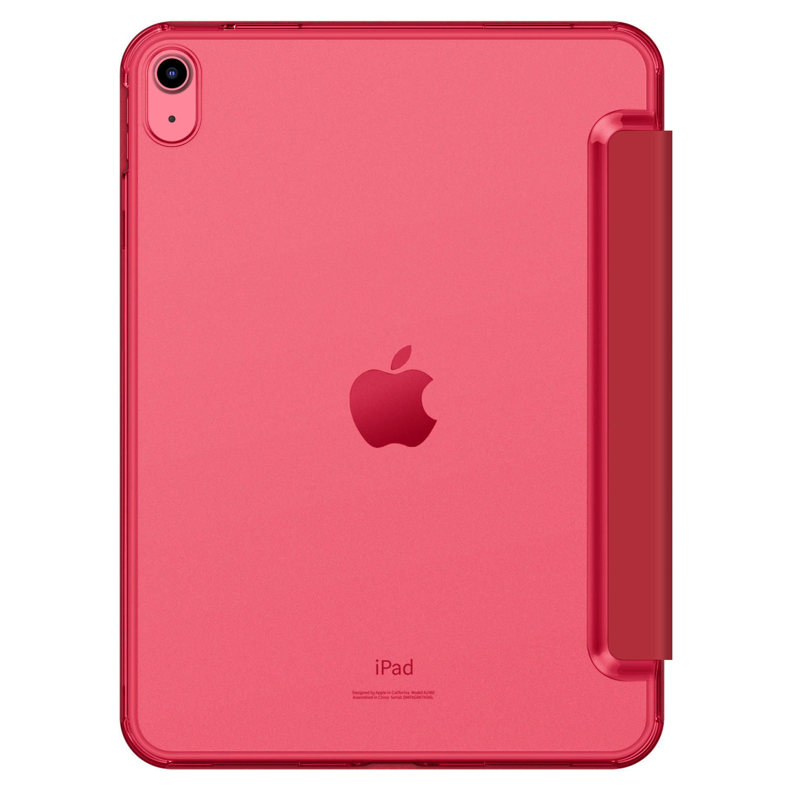 Ein rotes iPad mit Hülle wird von hinten gezeigt und zeigt das Apple-Logo.