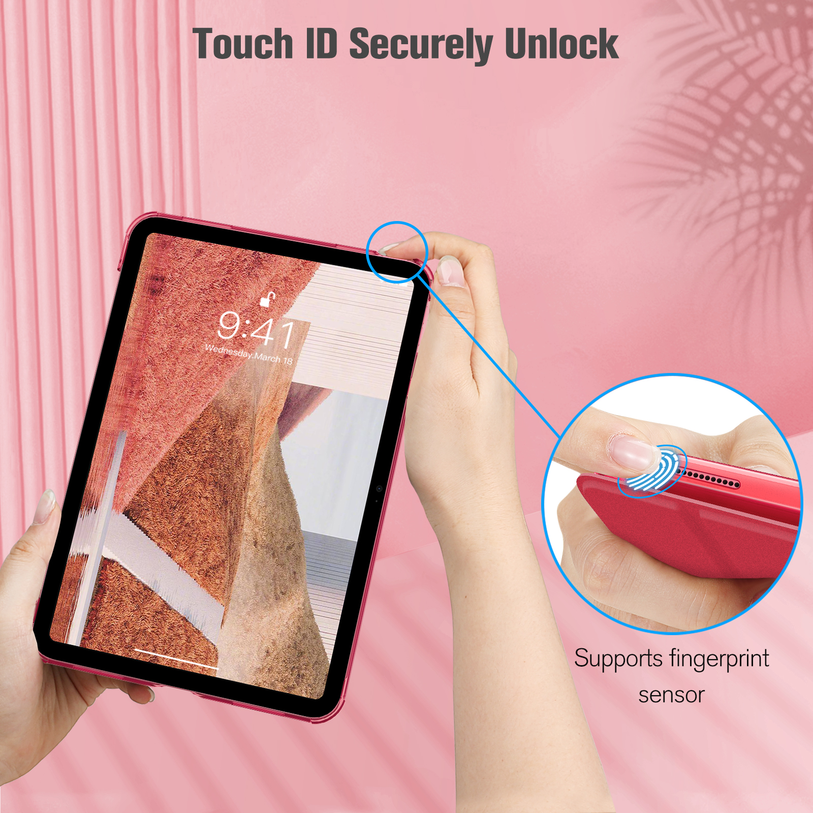 Eine Person verwendet Touch ID auf einem Tablet mit rotem Gehäuse, das das Entsperren per Fingerabdrucksensor unterstützt.