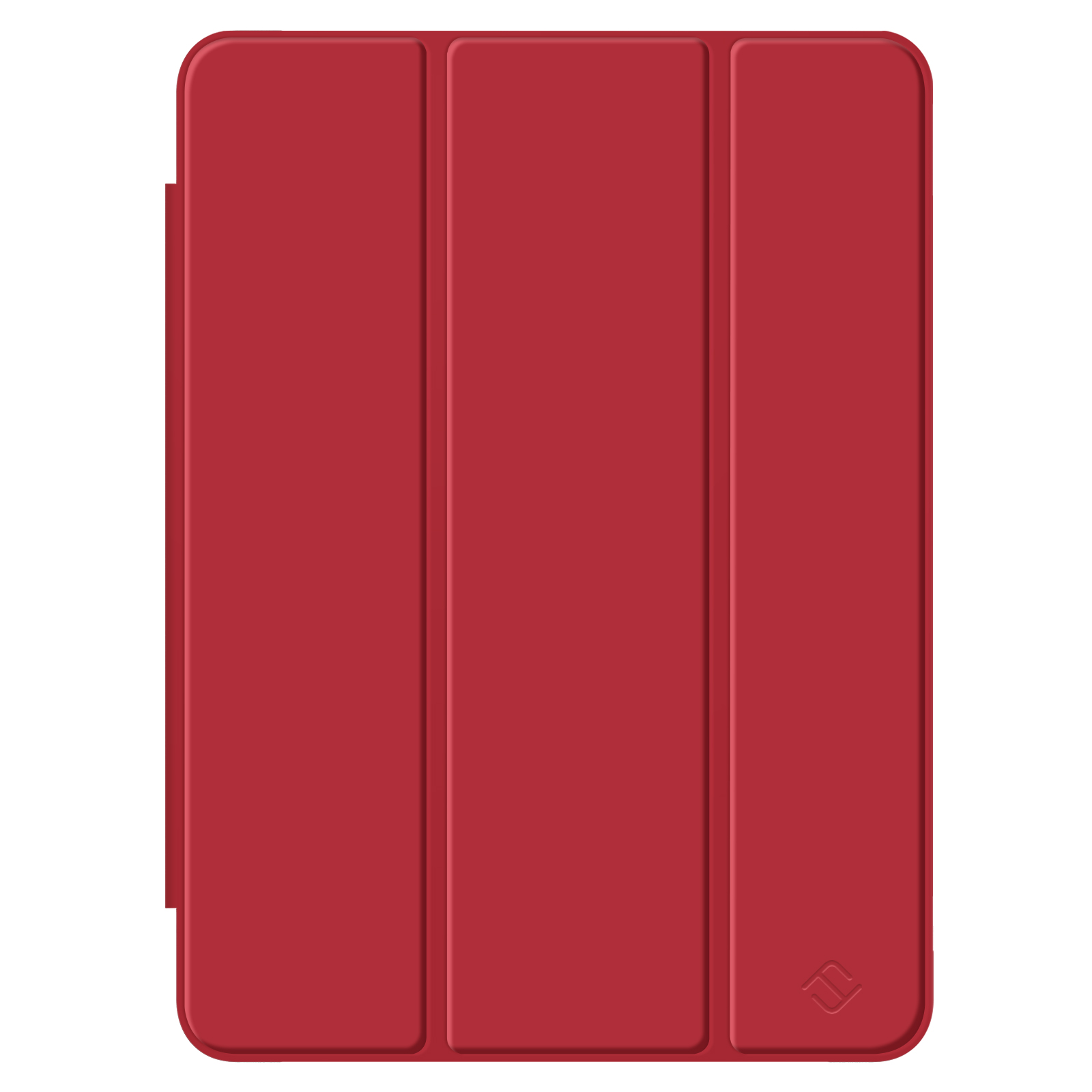 Eine rote Tablet-Hülle mit einer faltbaren Abdeckung wird in einer Studioaufnahme gezeigt.