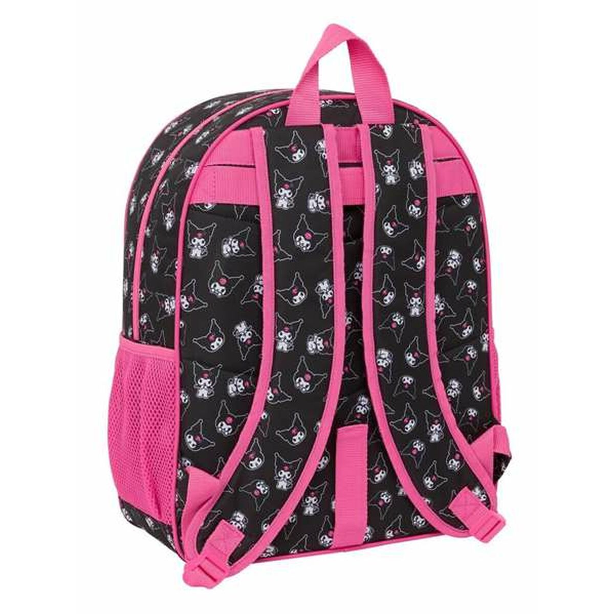 Die Rückseite eines schwarzen Rucksacks mit rosa Trägern, einem Cartoon-Muster und einer seitlichen Netztasche.