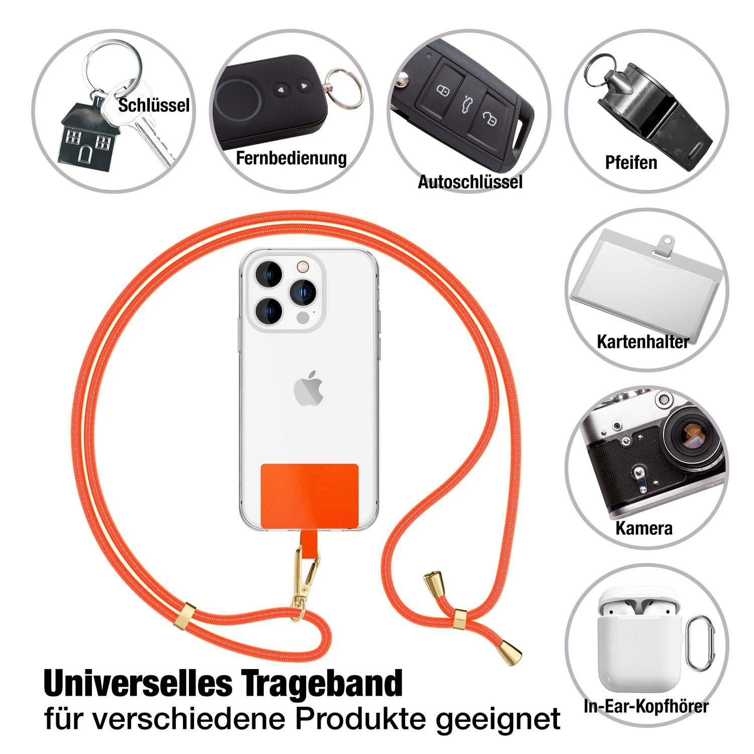 Ein orangefarbenes Handy-Lanyard wird mit verschiedenen Gegenständen gezeigt: Schlüssel, Autoschlüssel, Kamera und Kopfhörer, um seine Vielseitigkeit zu demonstrieren.
