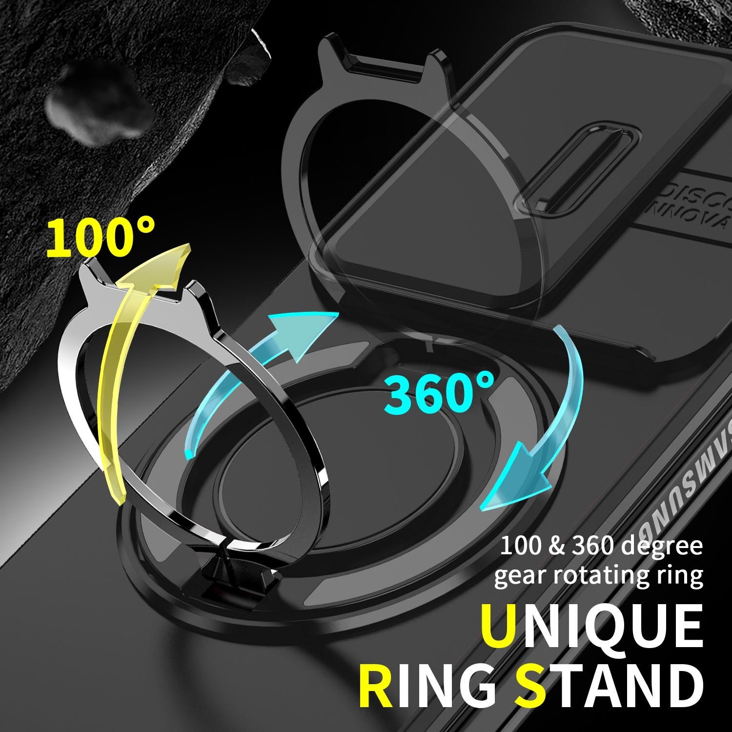 Eine schwarze Handyhülle verfügt über einen drehbaren Ringständer, der seine 100- und 360-Grad-Mobilität demonstriert.
