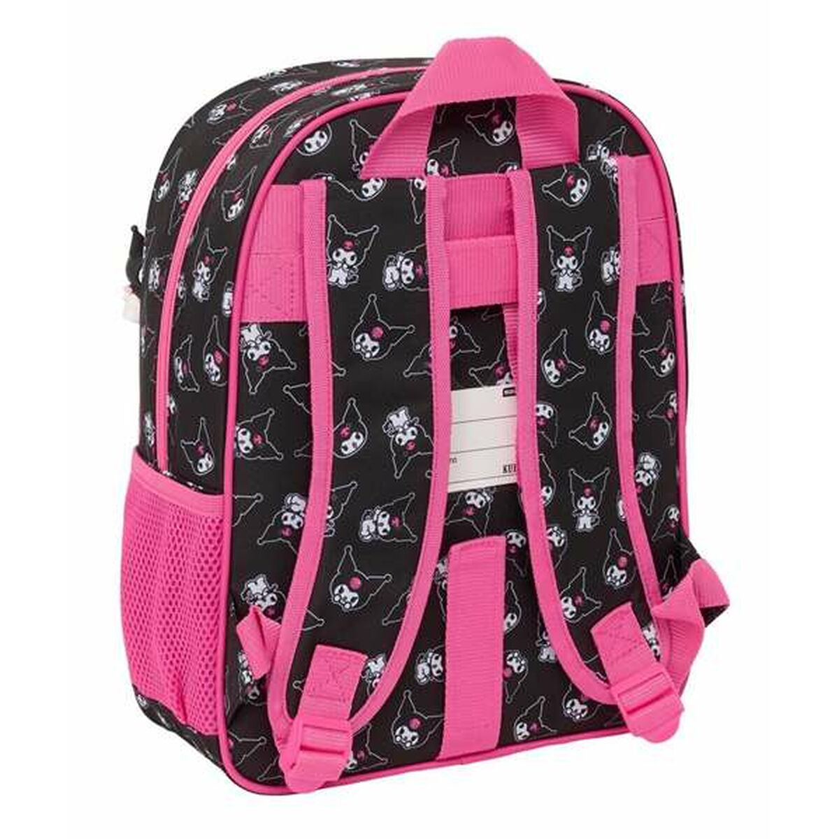 Ein rosa-schwarzer Rucksack mit Kuromi-Mustern und rosa Trägern, gezeigt vor einem weißen Hintergrund.
