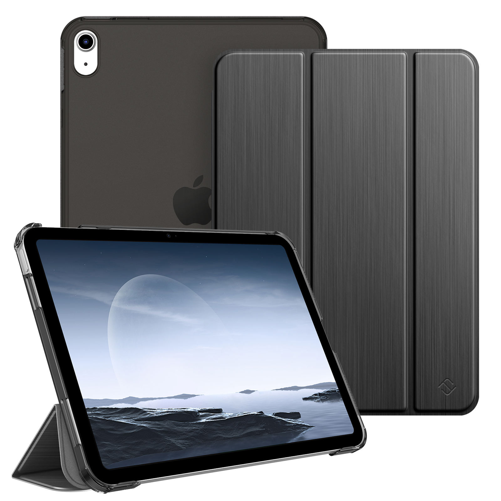 Schwarze iPad-Hülle, vorne und hinten. Das iPad ist in der Hülle aufgestellt und zeigt ein Landschaftsbild. Andere Hüllen sind vorhanden.