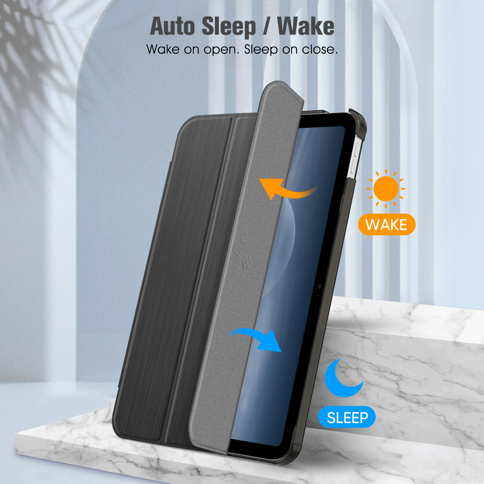iPad in einer Hülle, geöffnet, um den Bildschirm zu zeigen. Die Hülle wird zurückgeklappt, mit Text, der die Auto-Sleep/Wake-Funktion anzeigt.