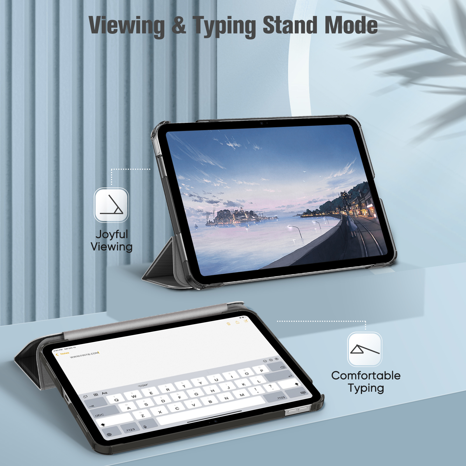 iPad in einer Hülle, zum Betrachten und Tippen aufgestellt. Das iPad befindet sich im Querformat, mit einer Tastatur auf dem Bildschirm.