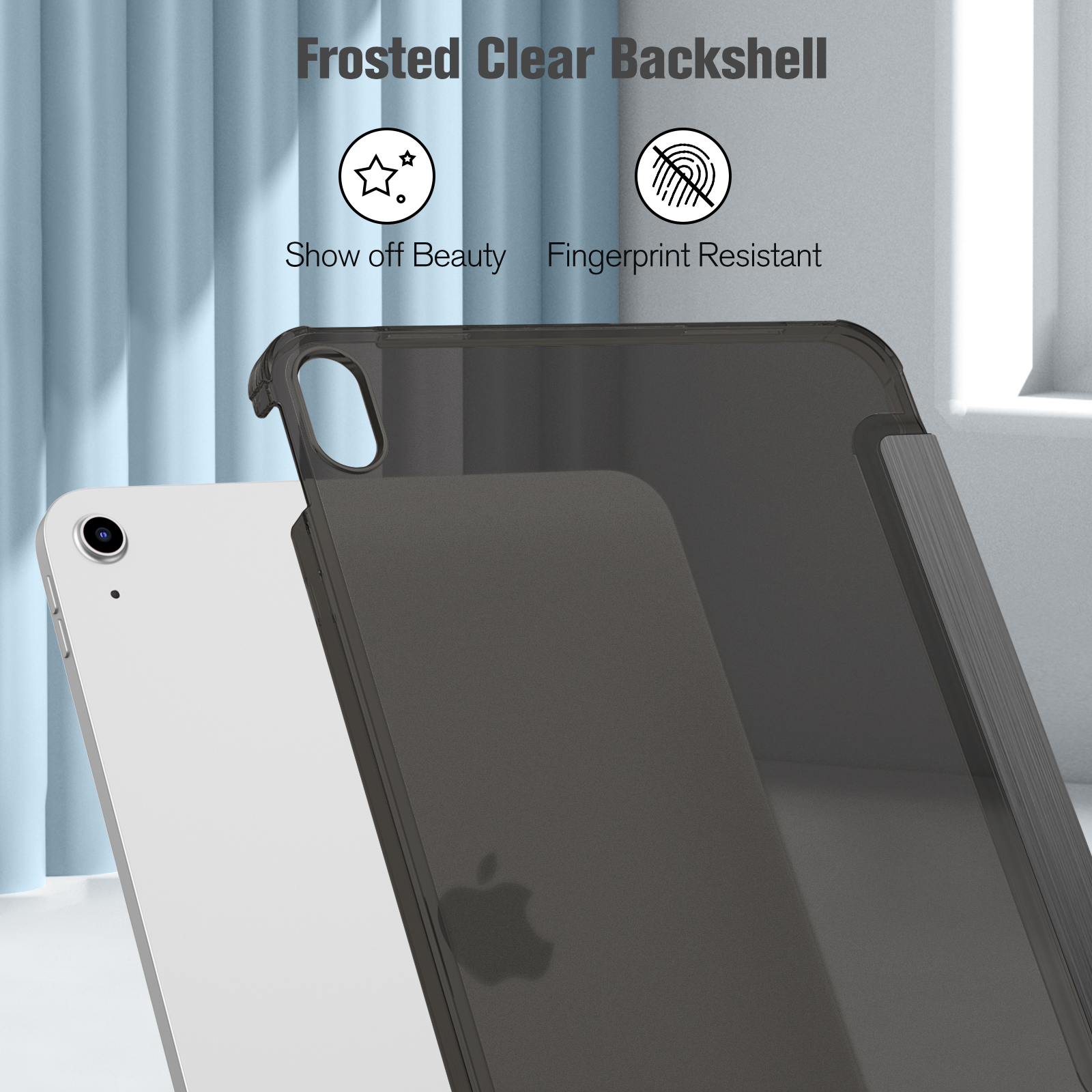 iPad-Hülle mit einer matten, durchsichtigen Rückseite. Die Hülle hat eine transparente Rückseite, und ein Logo ist sichtbar. Die Hülle ist geschlossen.