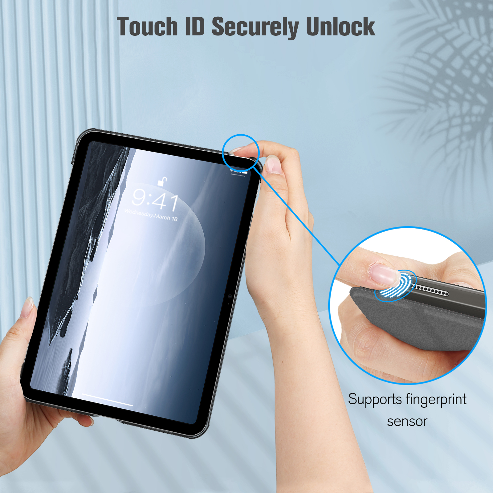 Das Bild zeigt ein iPad, das gehalten wird, wobei ein Fingerabdrucksensor zum Entsperren verwendet wird.