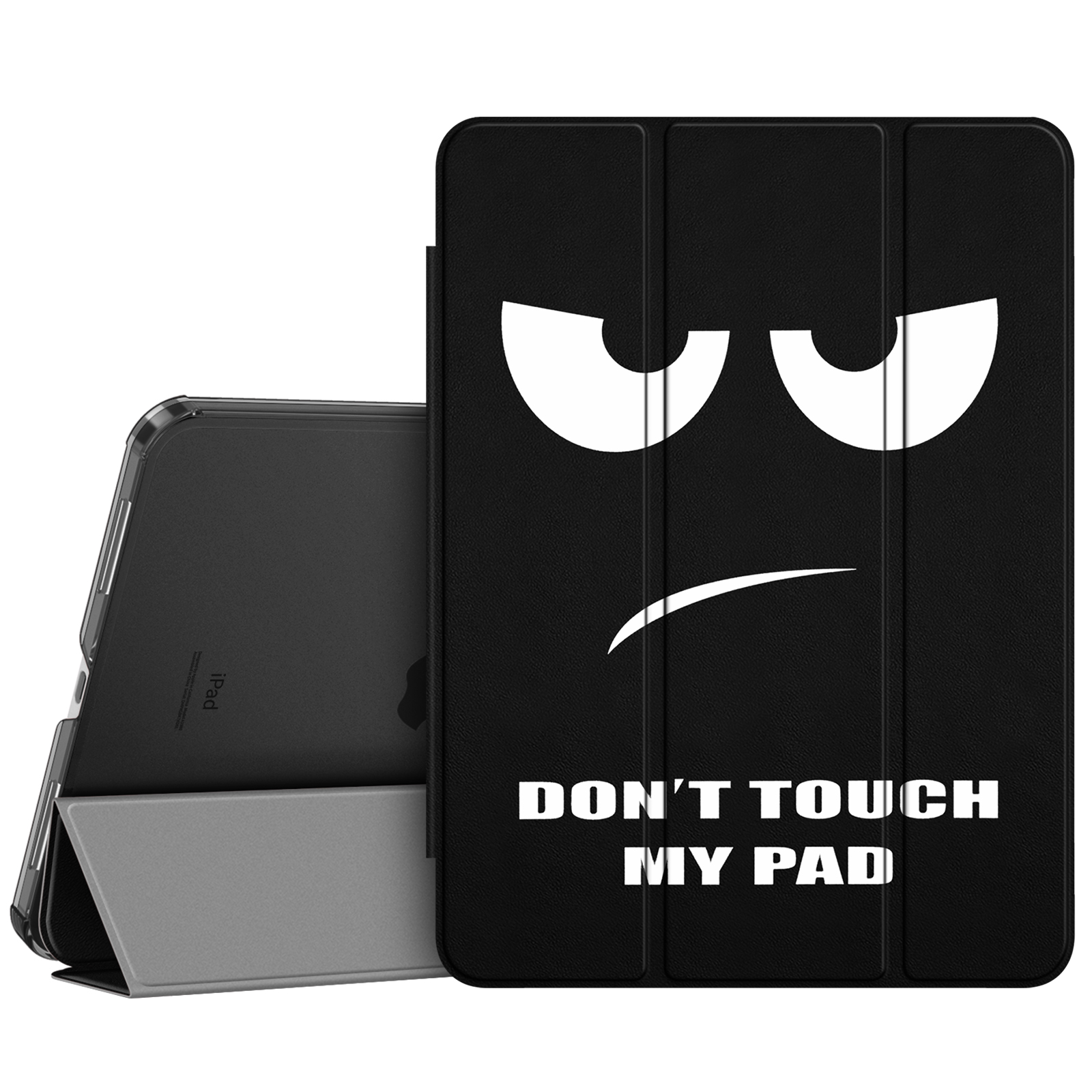 Das Bild zeigt ein iPad mit einer schwarzen Hülle mit cartoonartigen Augen und dem Spruch "DON'T TOUCH MY PAD".