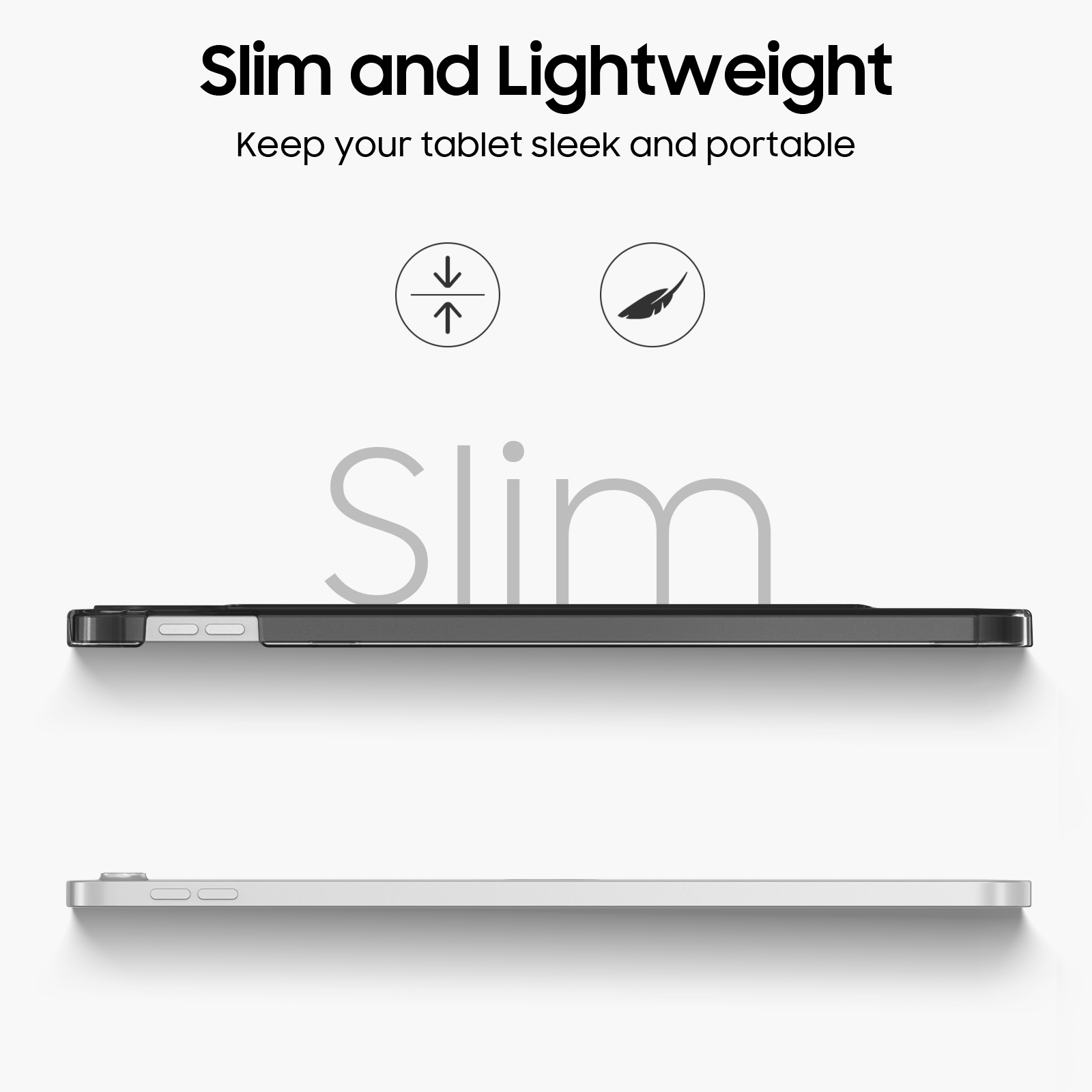 Das Bild zeigt ein schlankes, leichtes Tablet und seine Hülle, wobei das elegante Design des Geräts hervorgehoben wird.