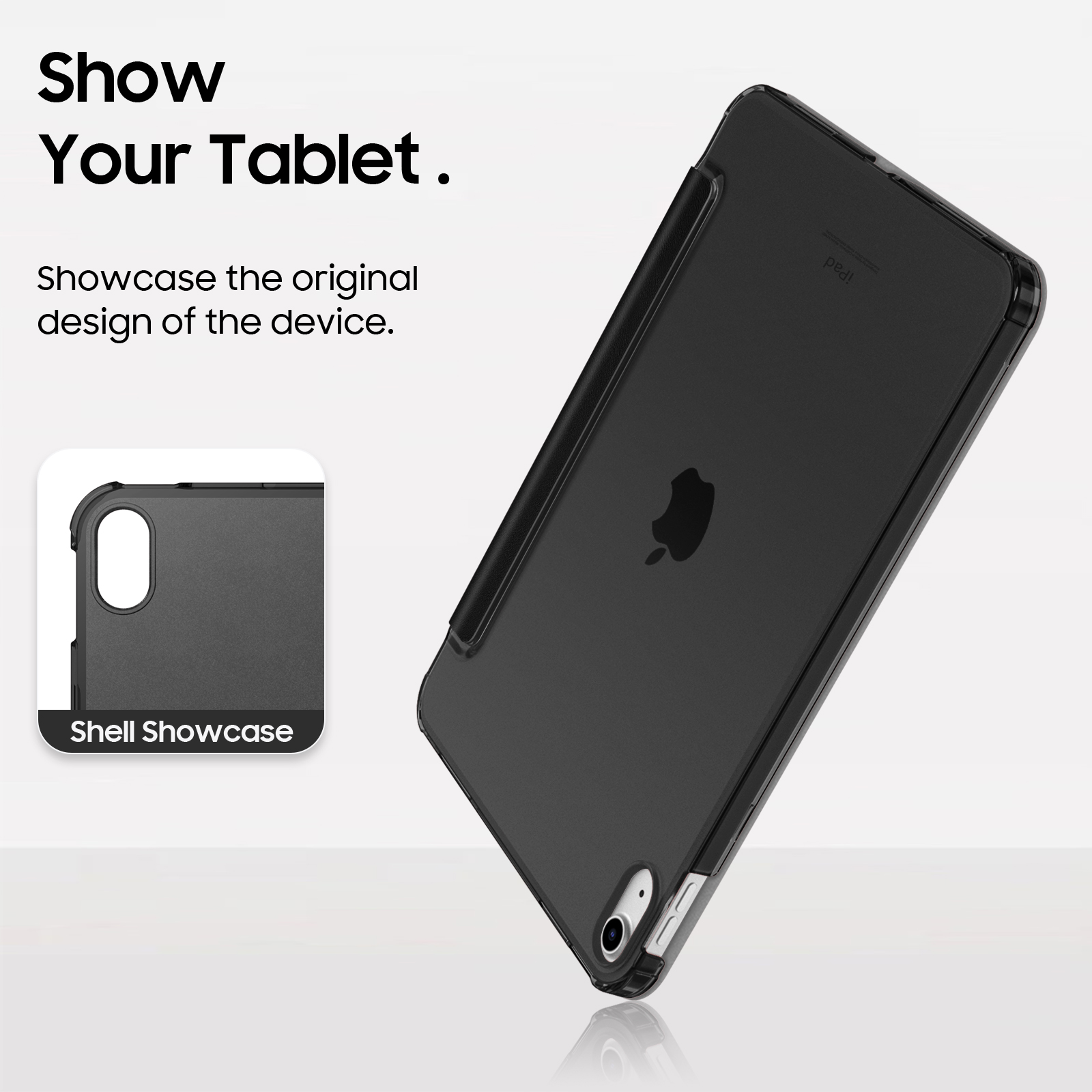 Das Bild zeigt ein Tablet in einer transparenten Hülle, das sein ursprüngliches Design und eine Hülle präsentiert.