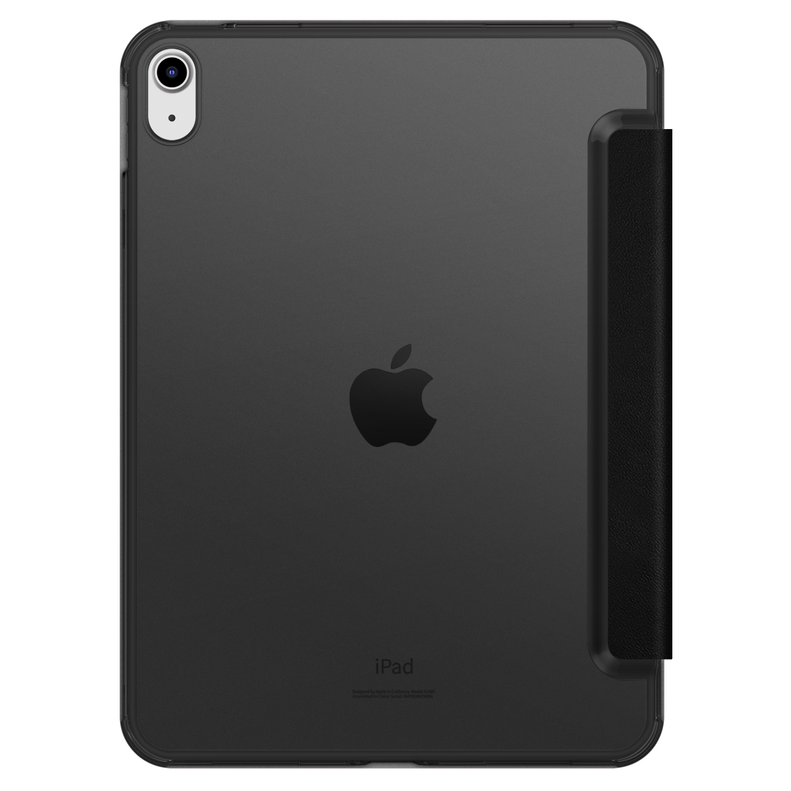Das Bild zeigt die Rückseite eines schwarzen iPads in einer transparenten Hülle, die sein Design und seine Funktionen hervorhebt.
