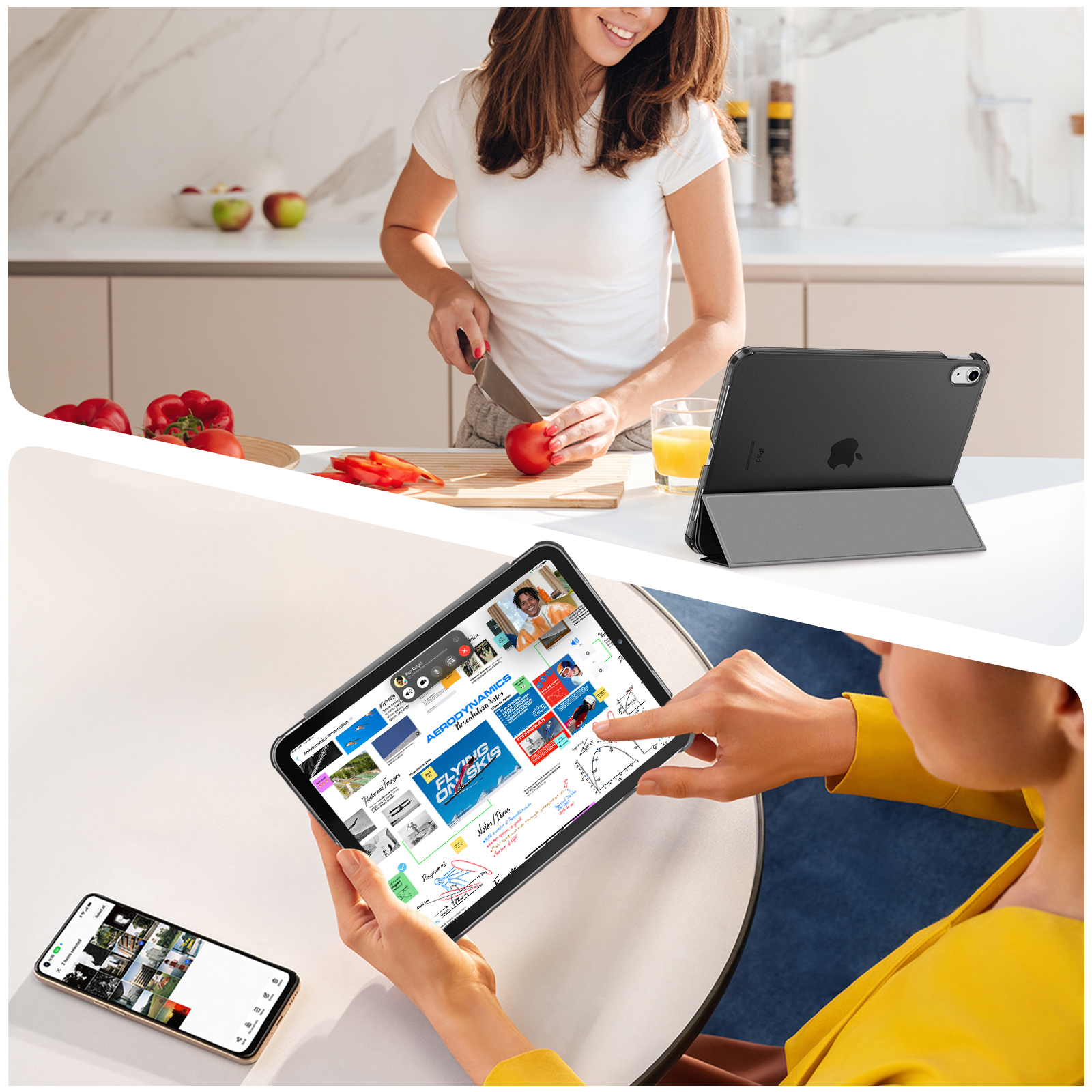 Das Bild zeigt Menschen, die iPads in verschiedenen Szenarien verwenden, darunter Kochen und Lernen.