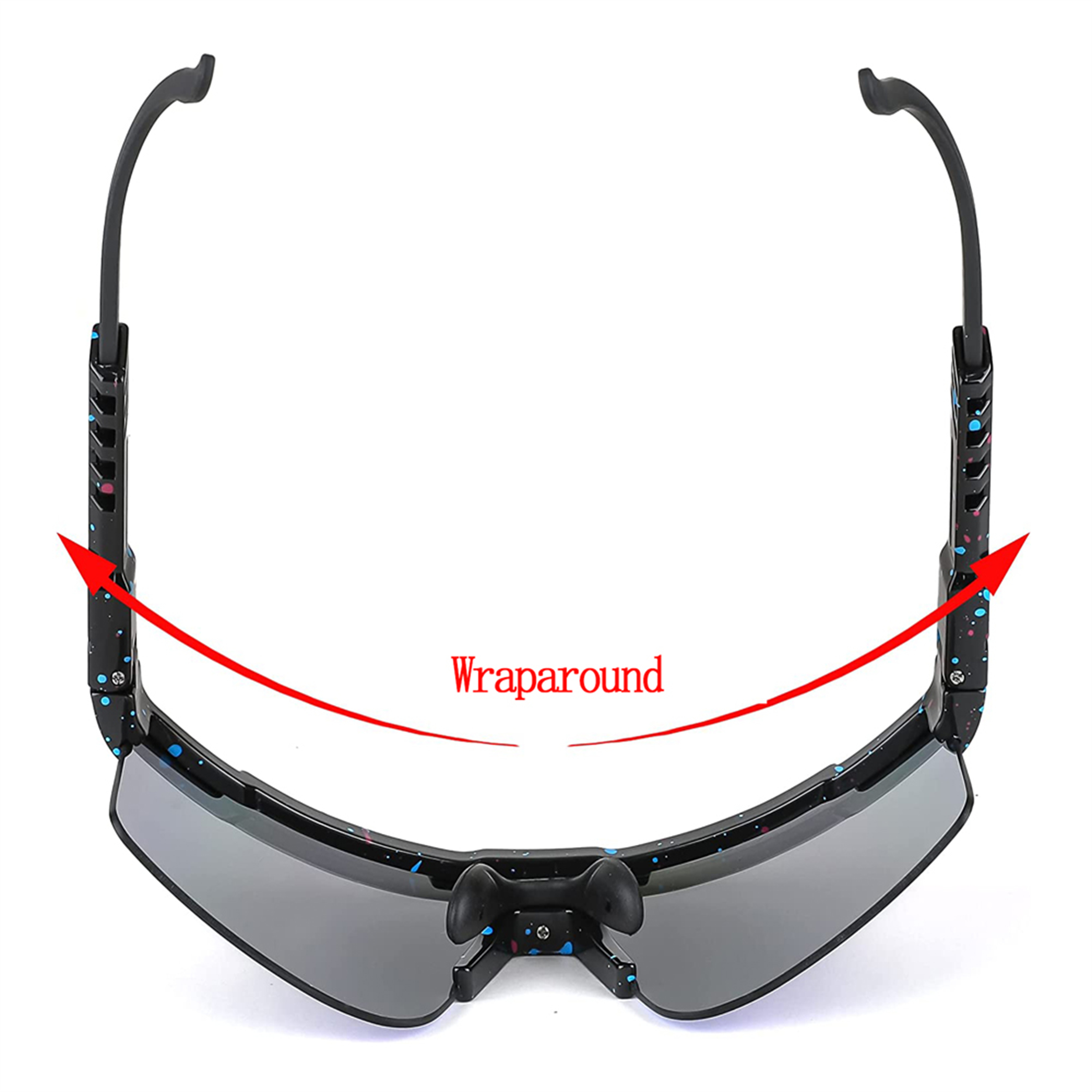 Sonnenbrille mit schwarzem Rahmen mit blauen, roten und weißen Farbspritzern. Graue Gläser und ein umlaufendes Design.