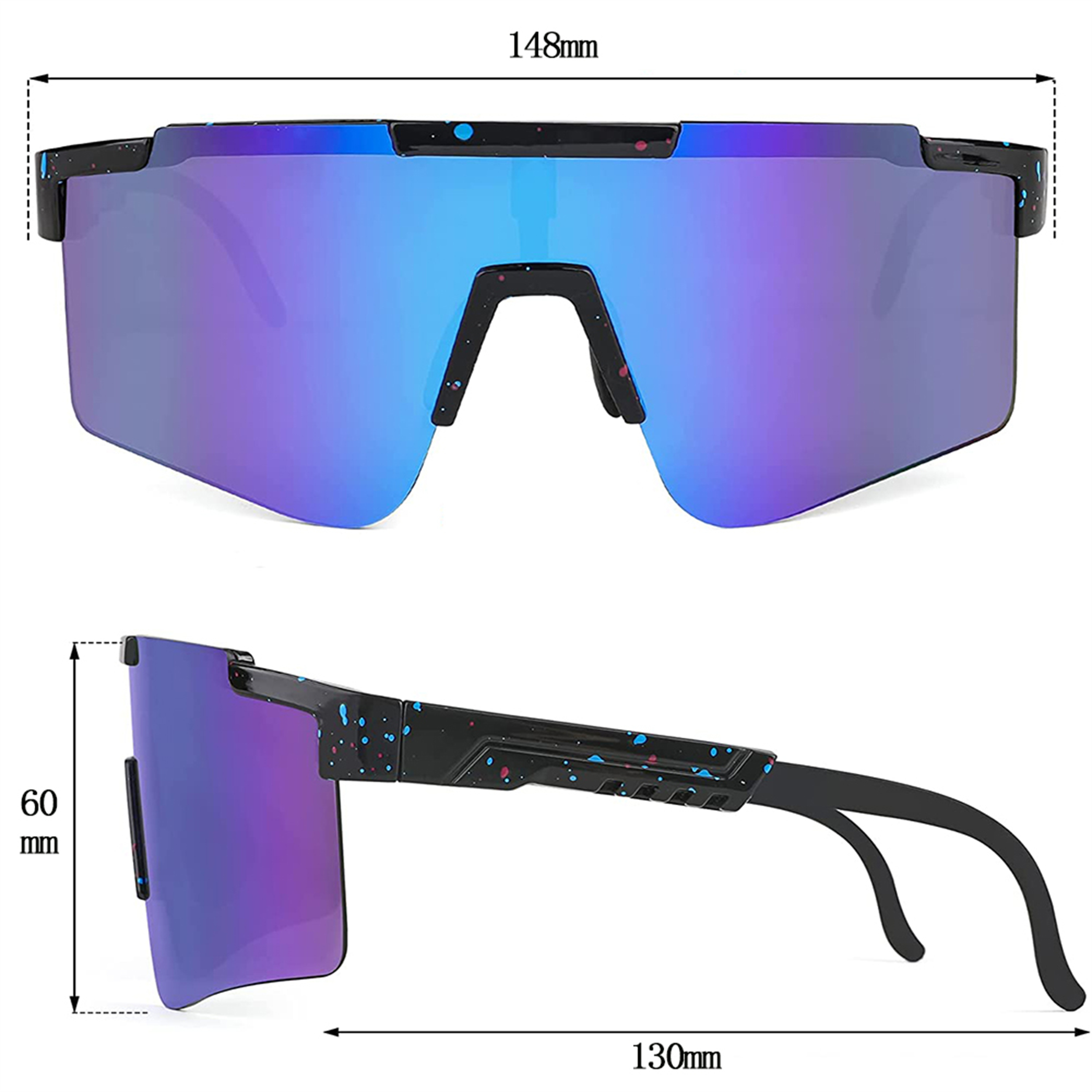 Sonnenbrille mit schwarzen Rahmen und blau/violetten Gläsern wird mit Größenangaben dargestellt. Seitenansicht zeigt die Bügellänge.