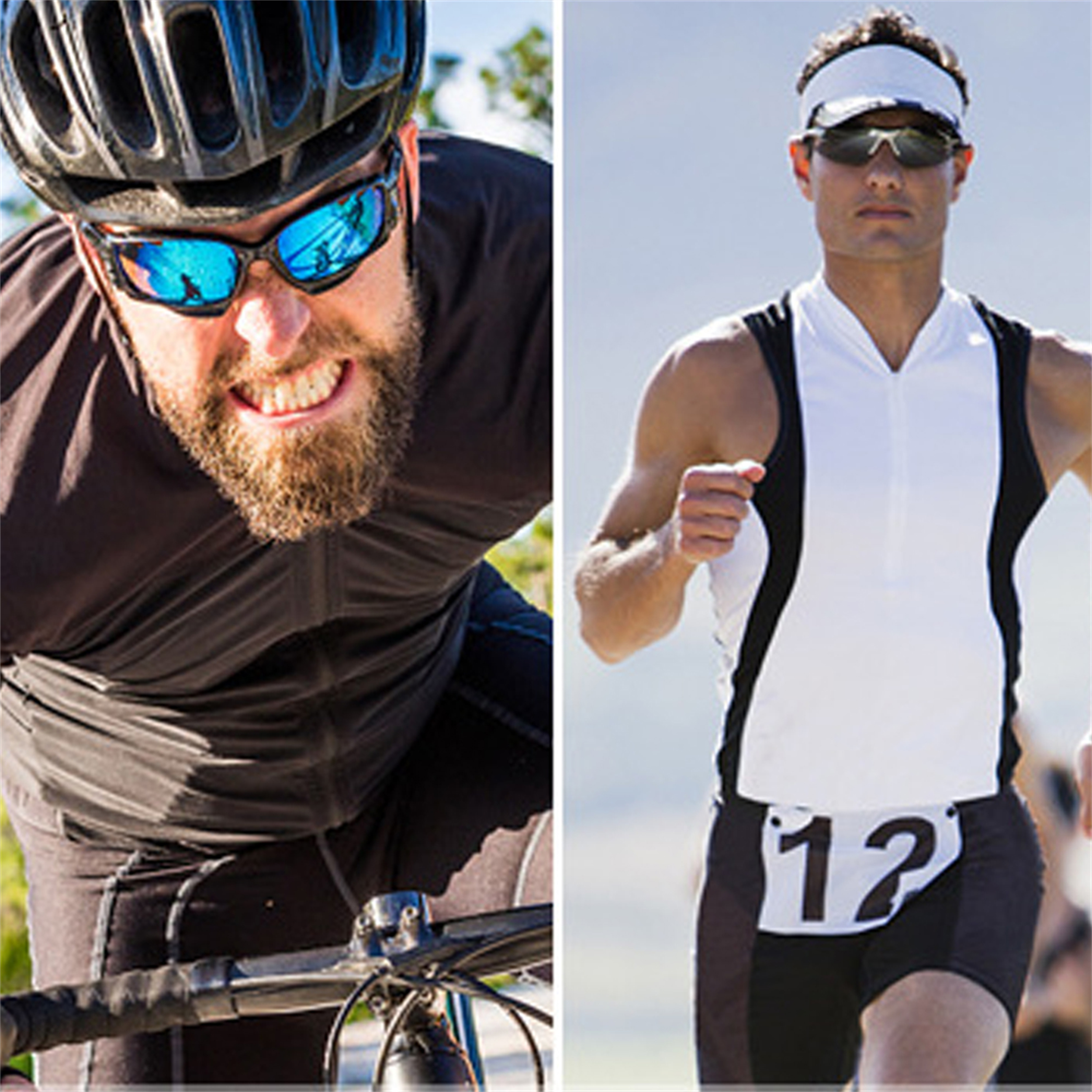 Ein geteiltes Bild zeigt einen Radfahrer und einen Läufer, beide mit Sonnenbrille, die ihren jeweiligen Sportarten nachgehen.