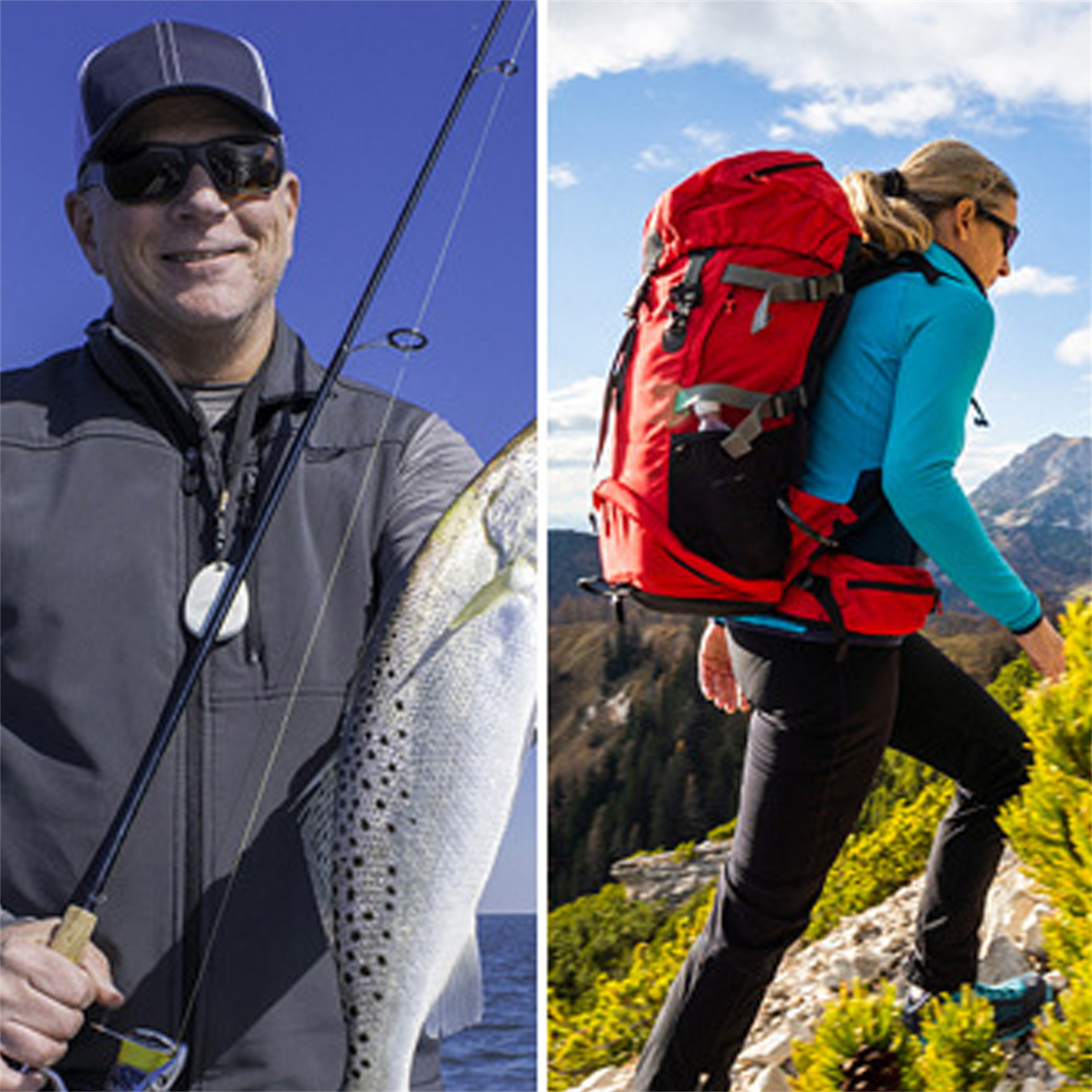 Geteiltes Bild: Mann angelt mit Sonnenbrille, Frau wandert mit rotem Rucksack in sonniger, bergiger Landschaft.