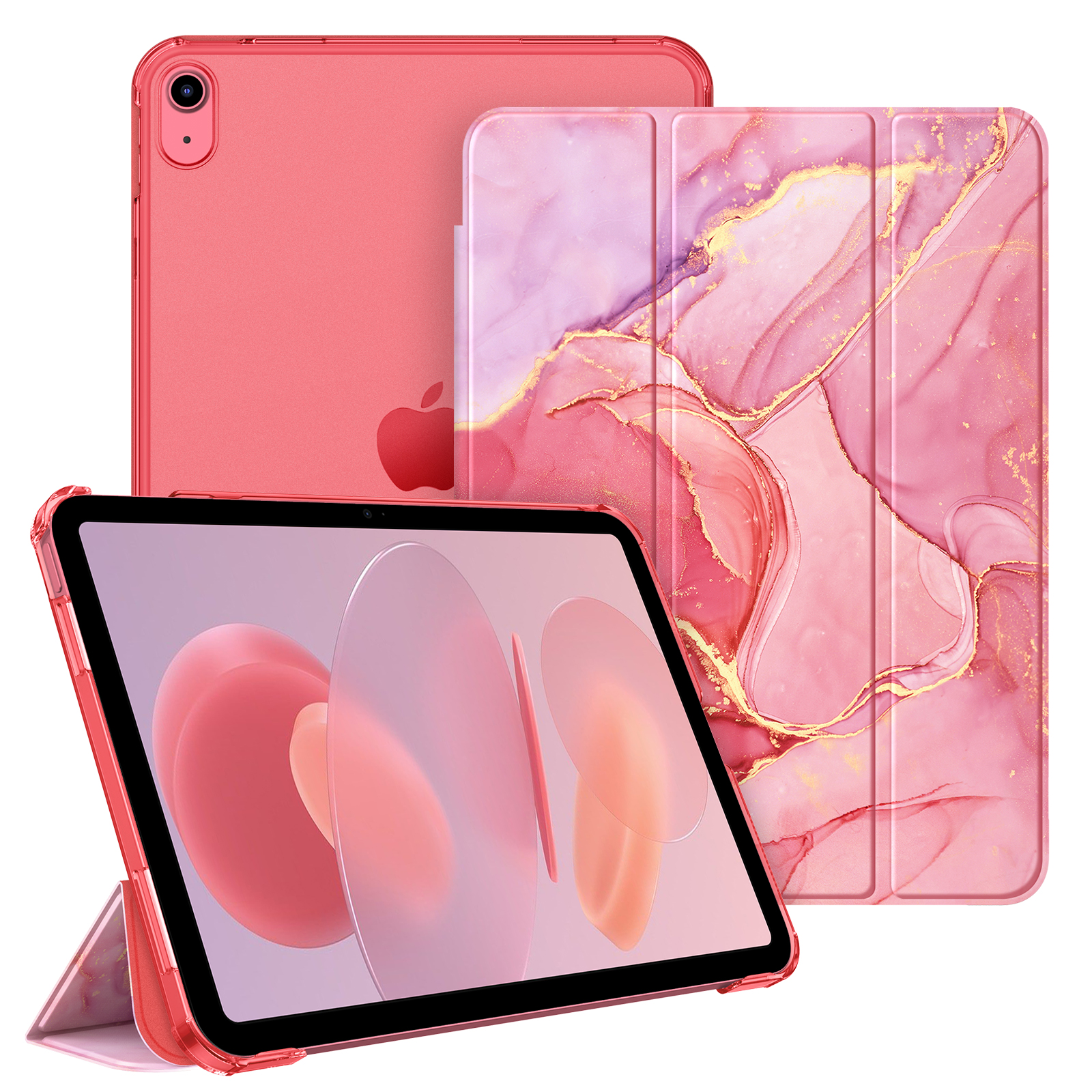 Ein Satz rosa iPad-Hüllen, darunter eine mit Marmordesign und eine, die die Rückseite des Geräts zeigt.