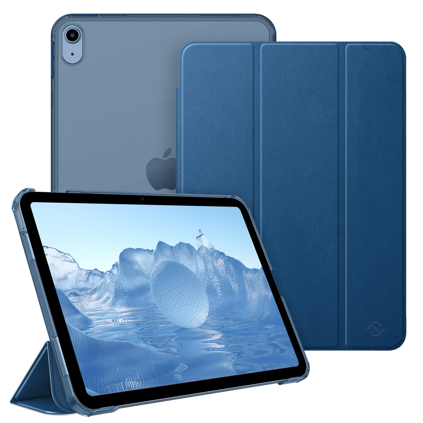 Ein Satz blauer iPad-Hüllen, darunter eine mit strukturiertem Design und eine, die die Rückseite des Geräts zeigt.