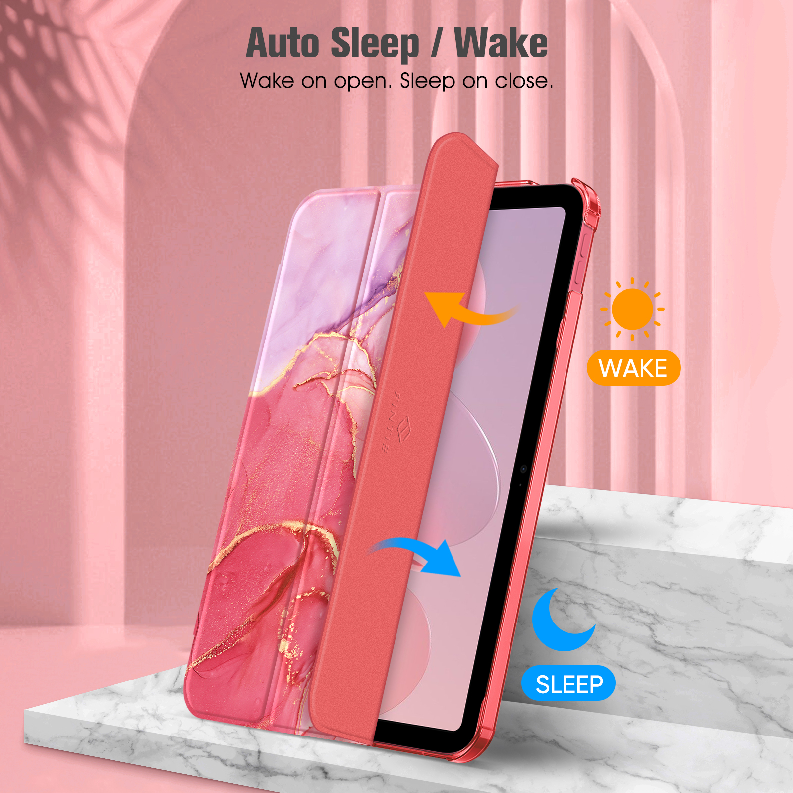 Eine rosa iPad-Hülle, die die automatische Schlaf-/Wachfunktion mit Sonnen- und Mondsymbolen auf einer Marmoroberfläche zeigt.