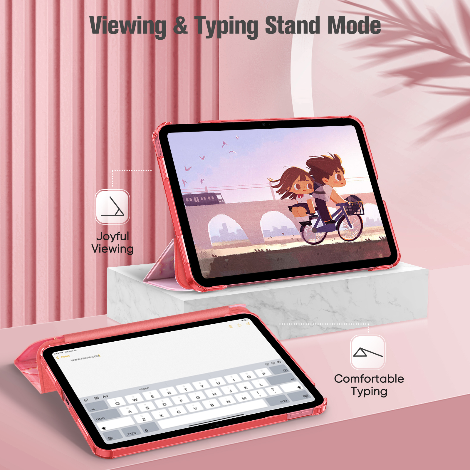 Rosa iPad-Hülle, die ein Cartoon-Paar auf einem Fahrrad auf dem Bildschirm und den Tippmodus auf dem unteren Gerät zeigt.