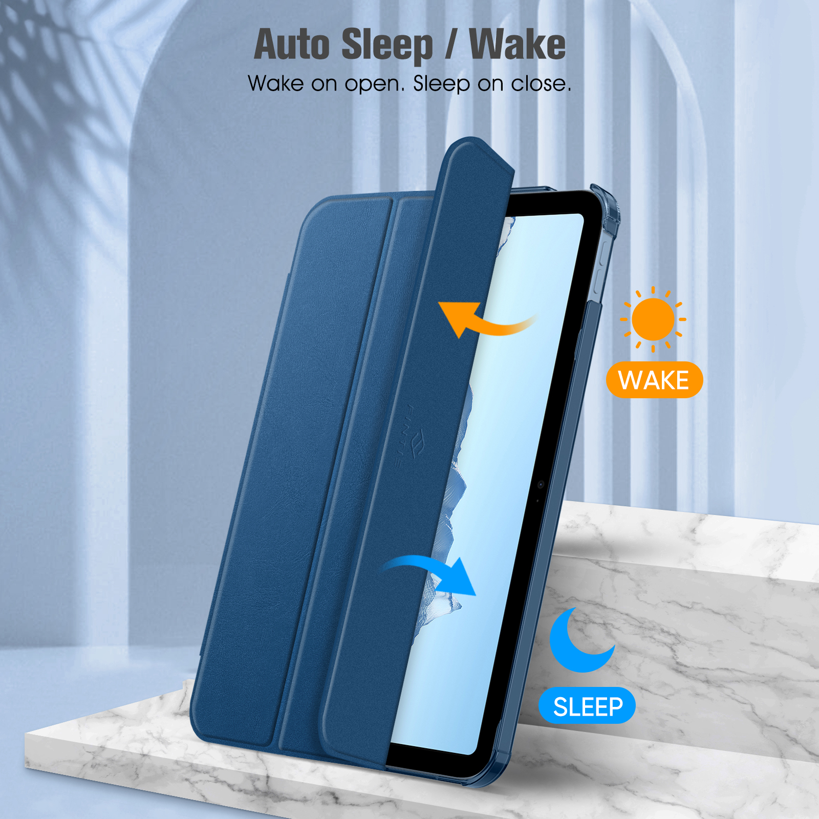 Blaue Tablet-Hülle mit automatischer Schlaf-/Wachfunktion, auf einer Marmoroberfläche vor blauem Hintergrund.