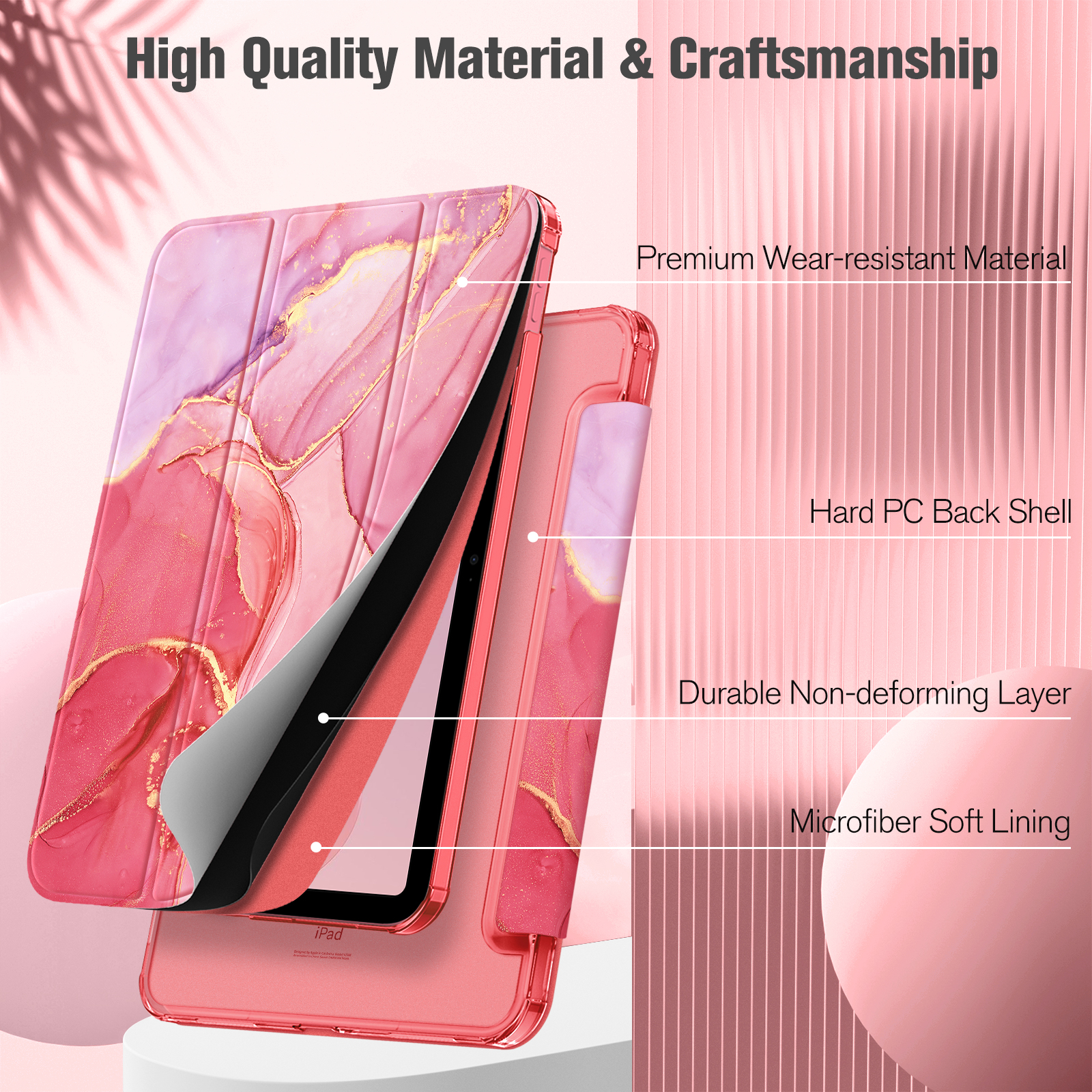 Rosa-gold gemusterte Tablet-Hülle, die hochwertige Materialien und handwerkliche Details zeigt.