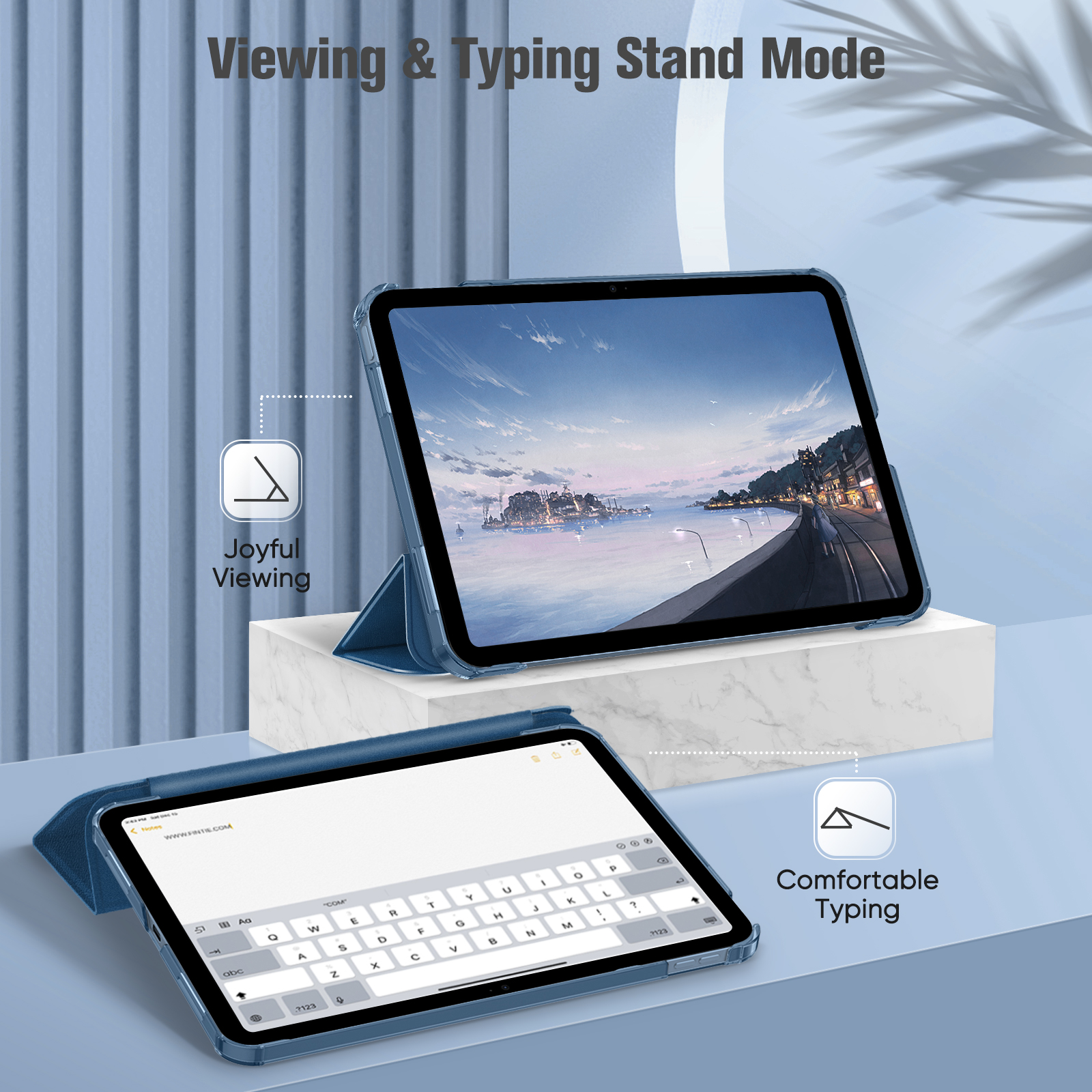 Blaue Tablet-Hülle zum Betrachten und Tippen, im Standmodus auf einer weißen Oberfläche dargestellt.