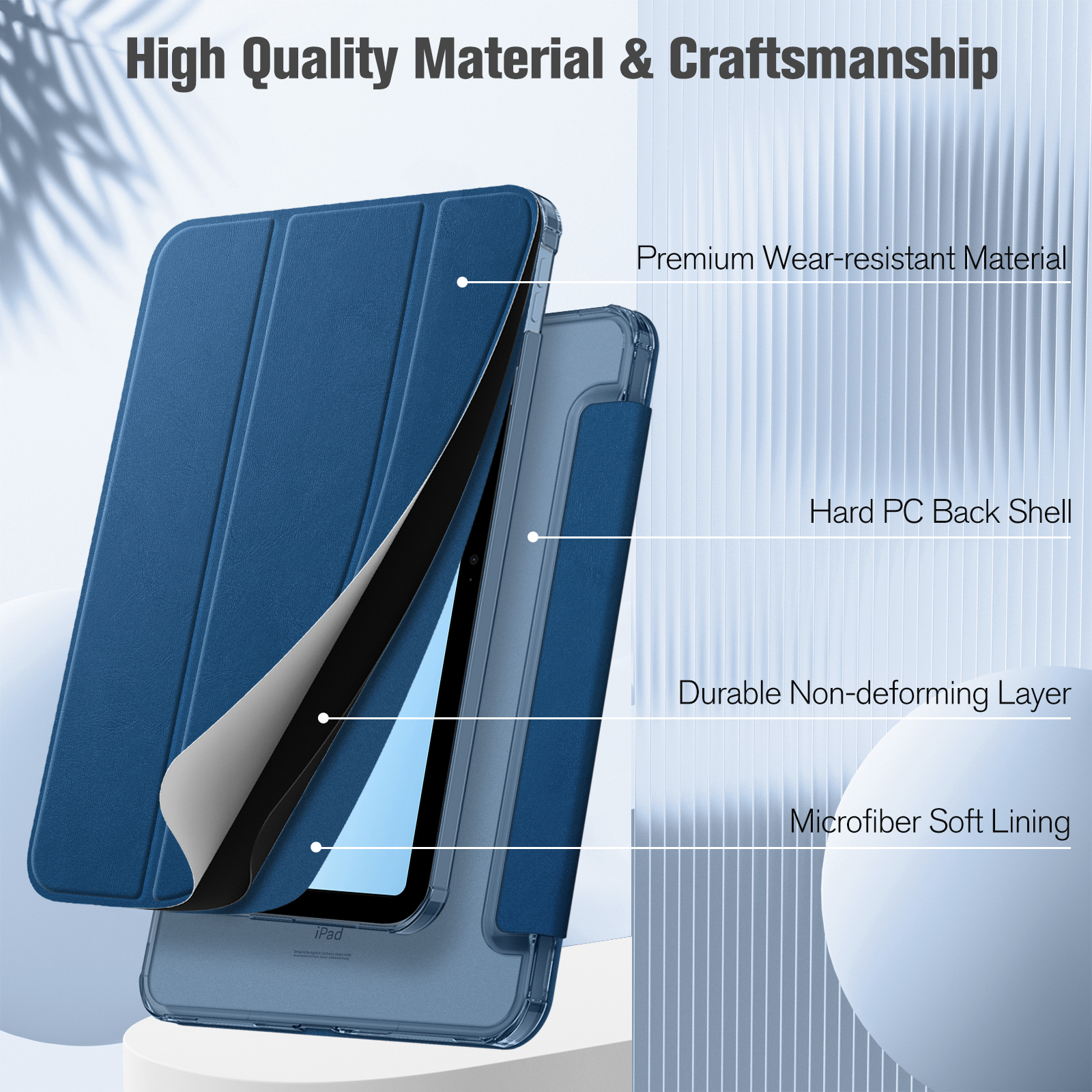 Blaue Tablet-Hülle mit hochwertigem, verschleißfestem Material und harter PC-Rückschale auf weißer Oberfläche.