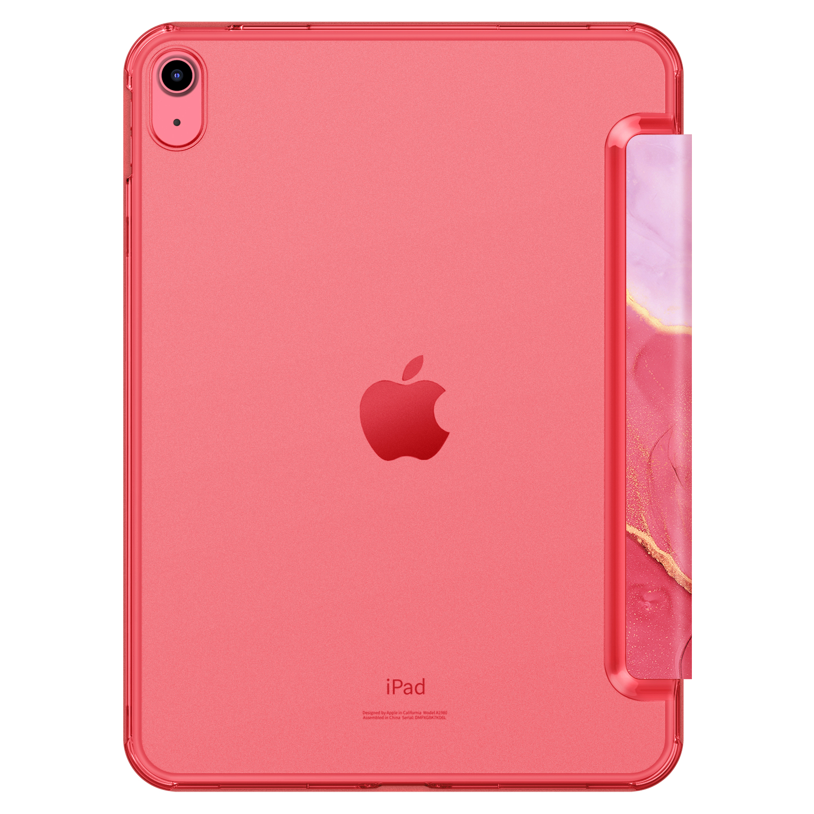 Ein rotes Tablet mit passender Hülle, auf der Rückseite befindet sich das Apple-Logo.