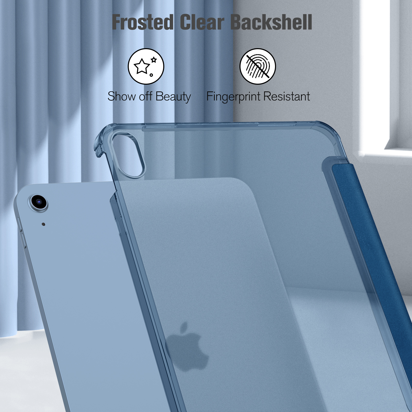 Eine blaue Tablet-Hülle mit einer mattierten, klaren Rückseite, die die Schönheit des Tablets und die Fingerabdruckbeständigkeit zeigt.