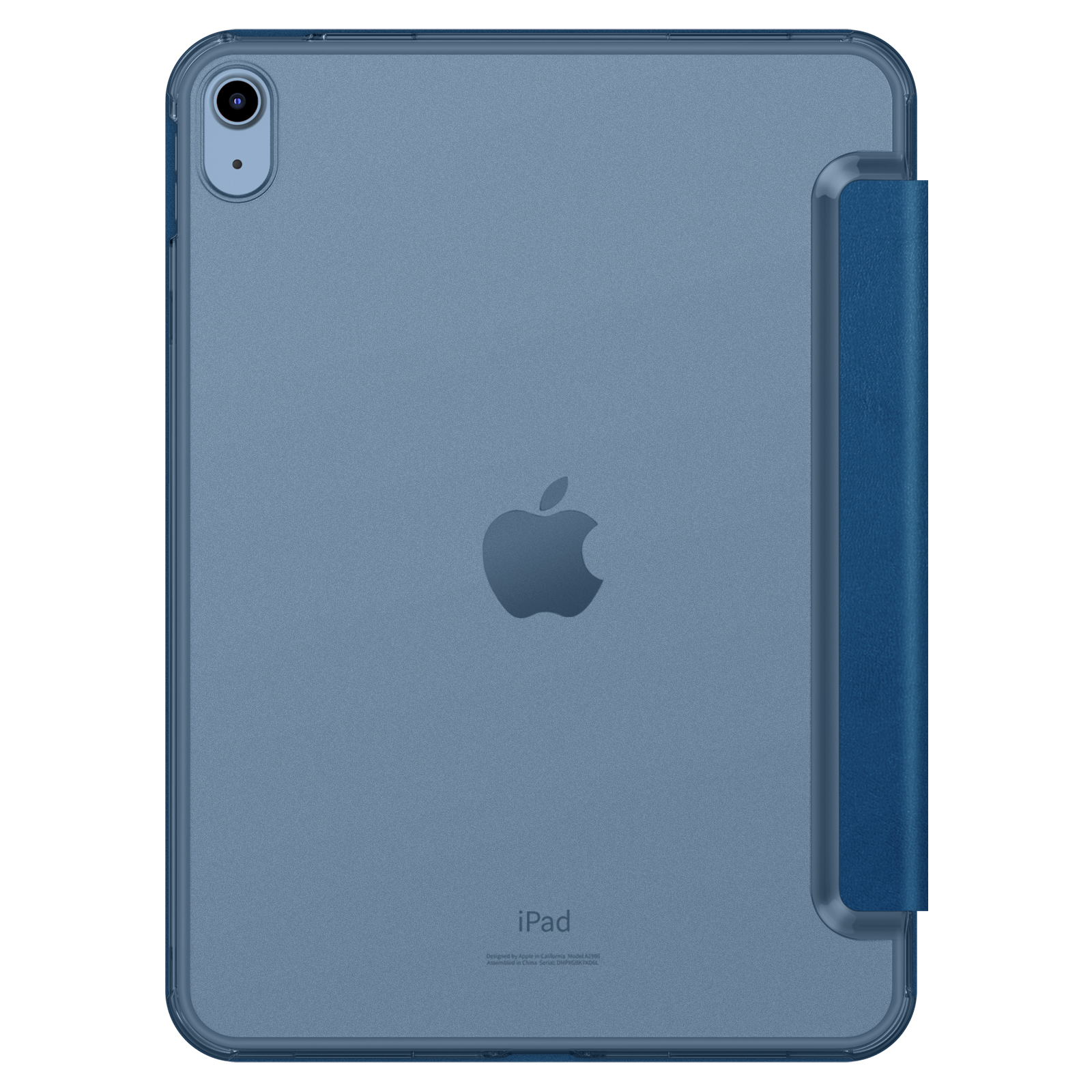 Ein blaues Tablet mit passender Hülle, auf der Rückseite befindet sich das Apple-Logo.