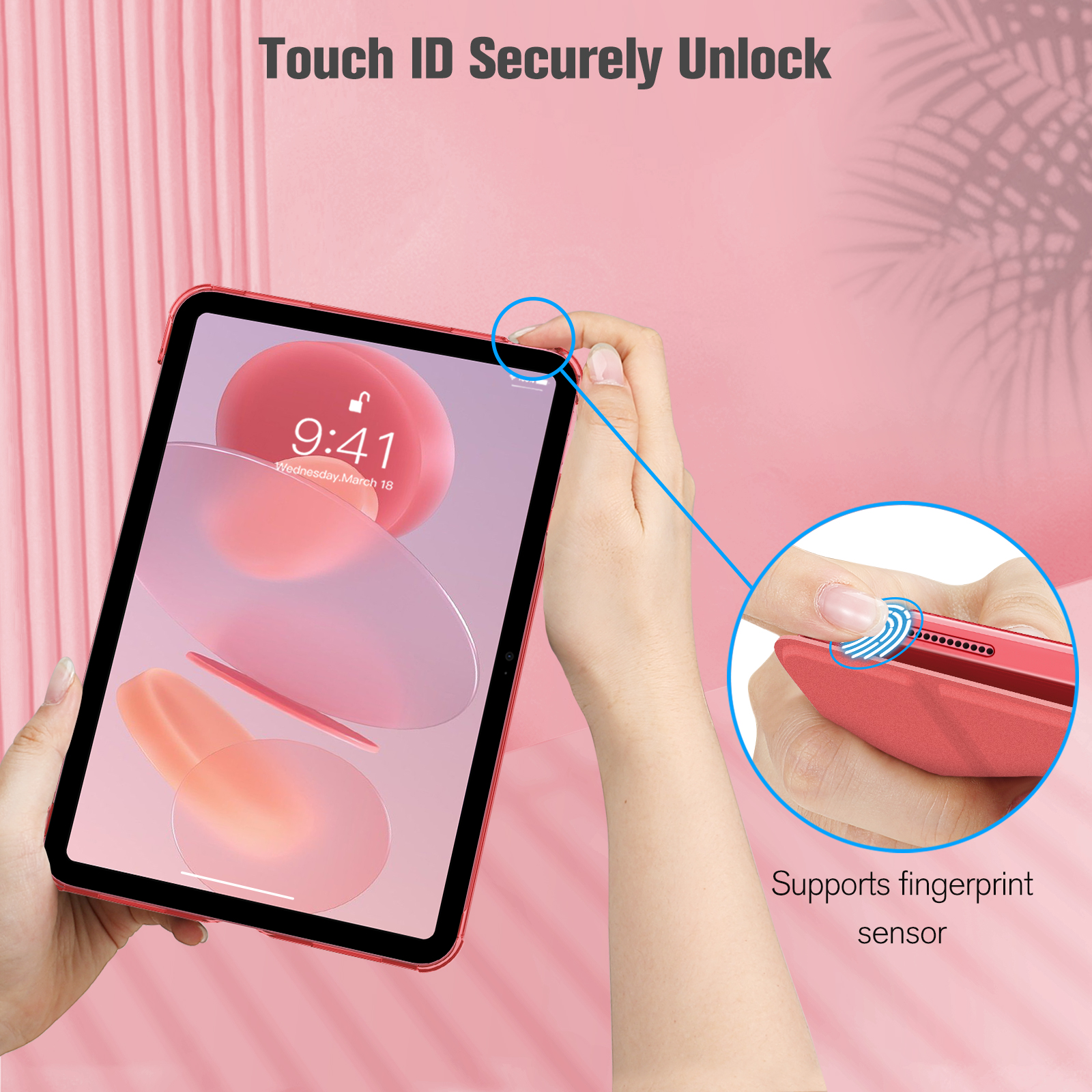 Ein rotes Tablet, das mit Touch ID entsperrt wird, wobei die Unterstützung für den Fingerabdrucksensor hervorgehoben wird.