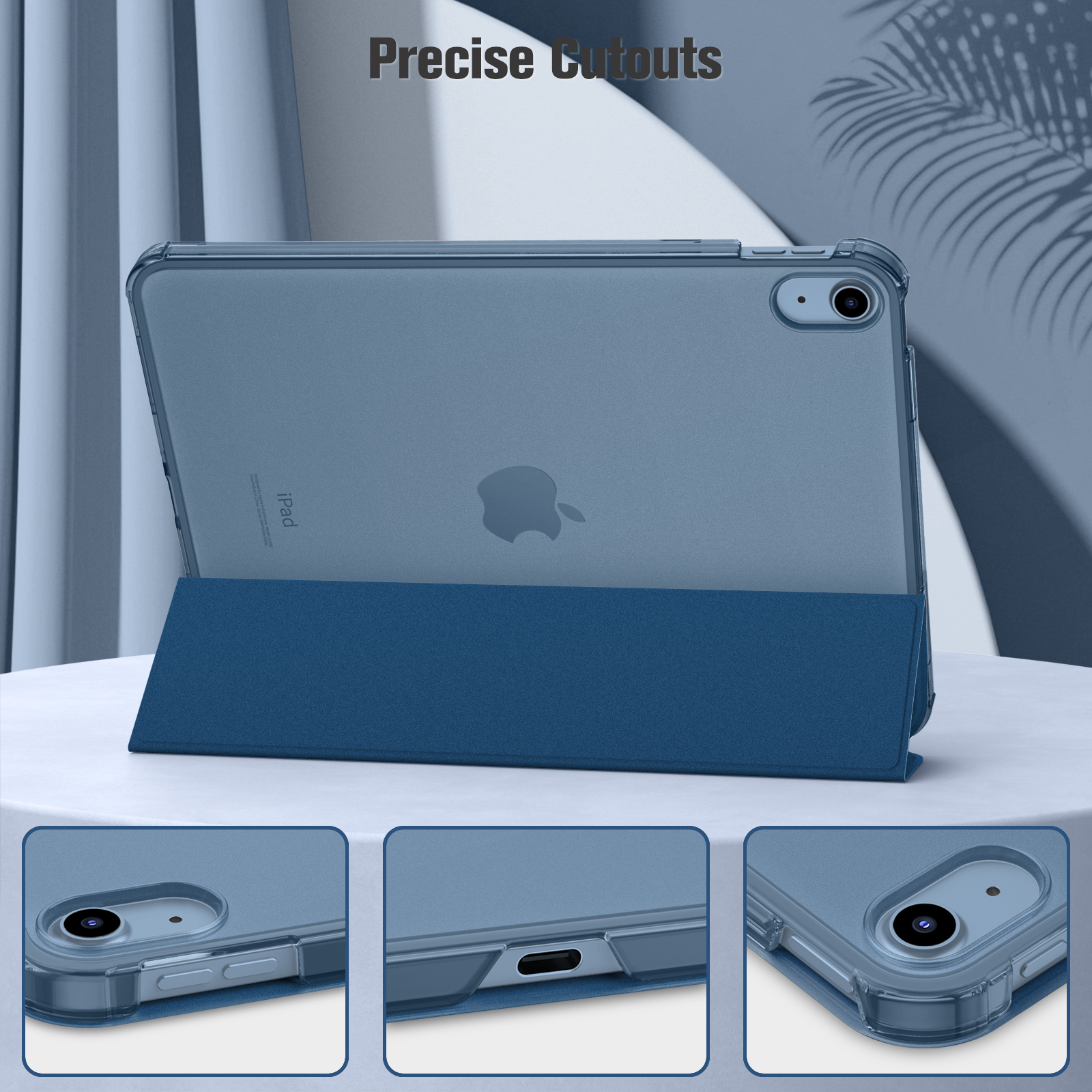 Ein blaues Tablet in einer passenden Hülle, das präzise Aussparungen für Tasten und Anschlüsse zeigt.