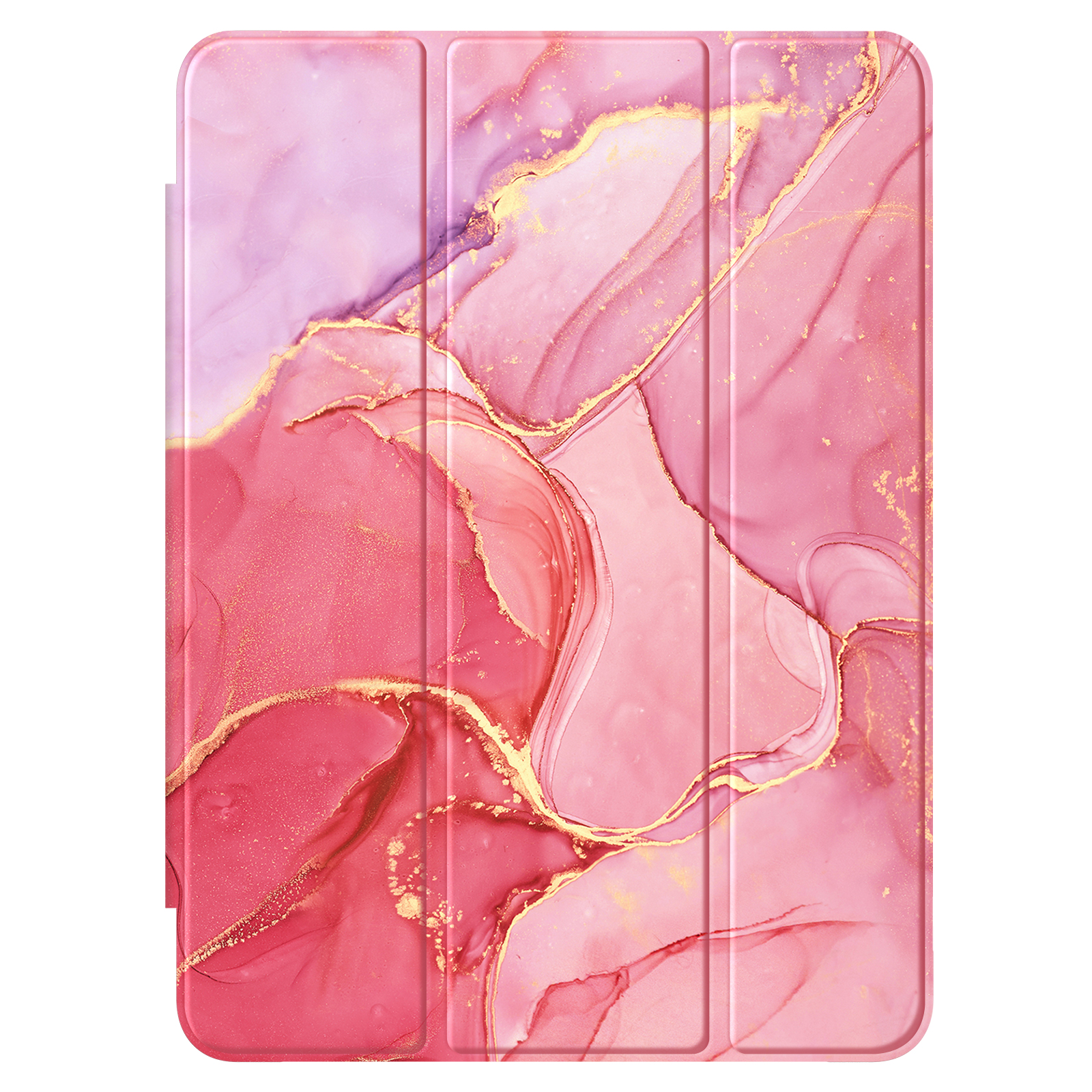 Eine rosa-gold gemusterte Tablet-Hülle mit dreifach faltbarem Design.