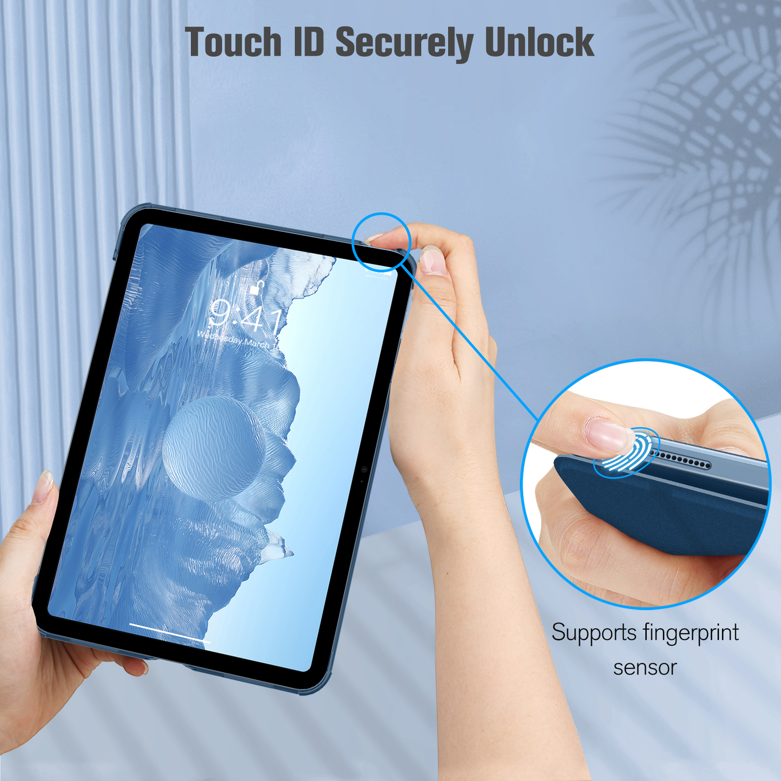 Ein blaues Tablet, das mit Touch ID entsperrt wird, wobei die Unterstützung für den Fingerabdrucksensor hervorgehoben wird.
