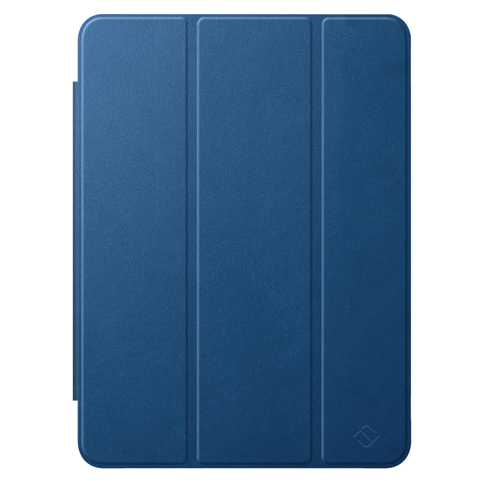 Eine dunkelblaue, strukturierte Tablet-Hülle mit vertikalen Falten und einem kleinen Logo in der unteren rechten Ecke.