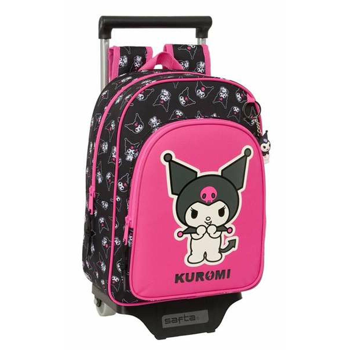 Ein schwarzer und pinkfarbener Rollrucksack mit Kuromi, einem einziehbaren Griff und dem Safta-Logo.