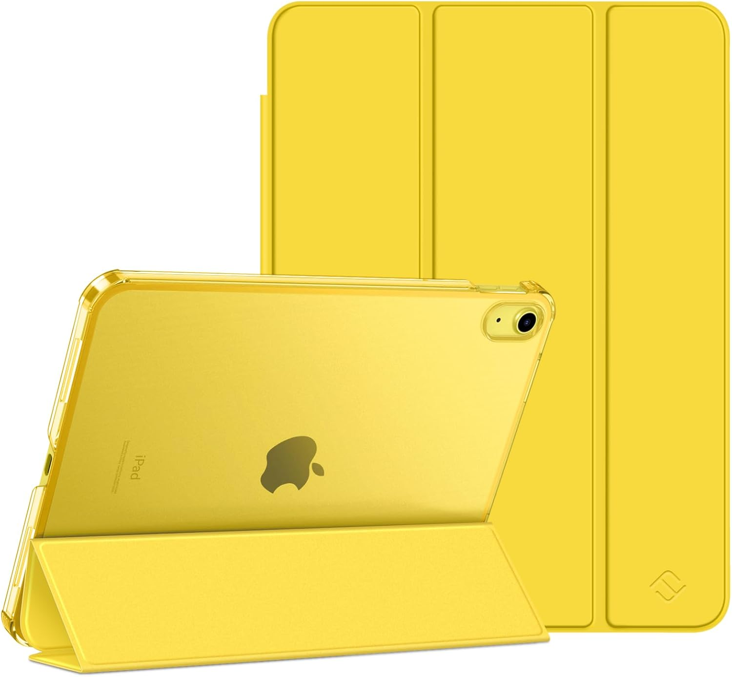 Ein gelbes iPad in einer transparenten Hülle mit einer passenden gelben Klappabdeckung, die das Apple-Logo zeigt.