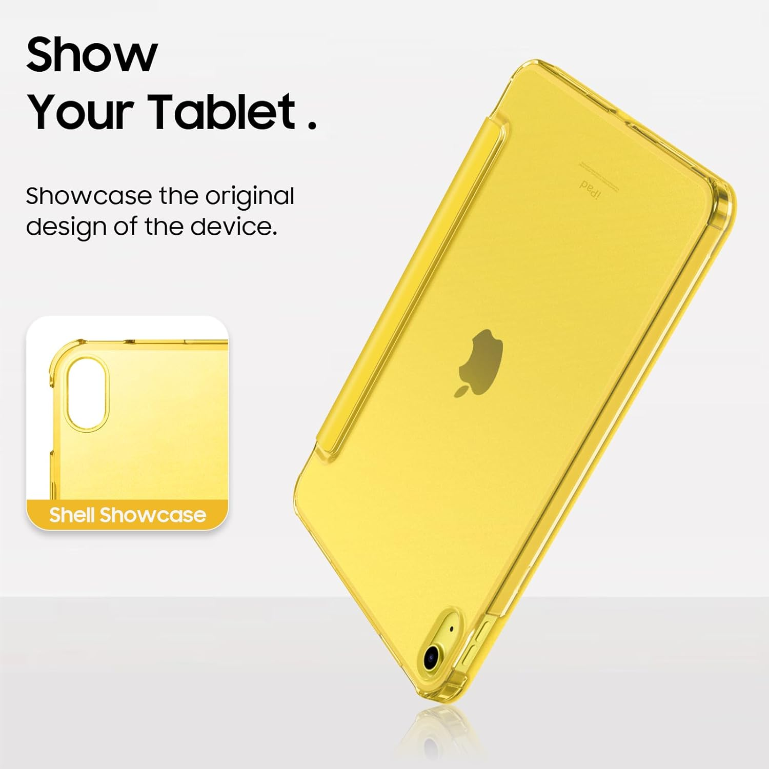 Ein transparentes gelbes iPad-Gehäuse wird angezeigt und zeigt das ursprüngliche Design des Geräts vor einem weißen Hintergrund.