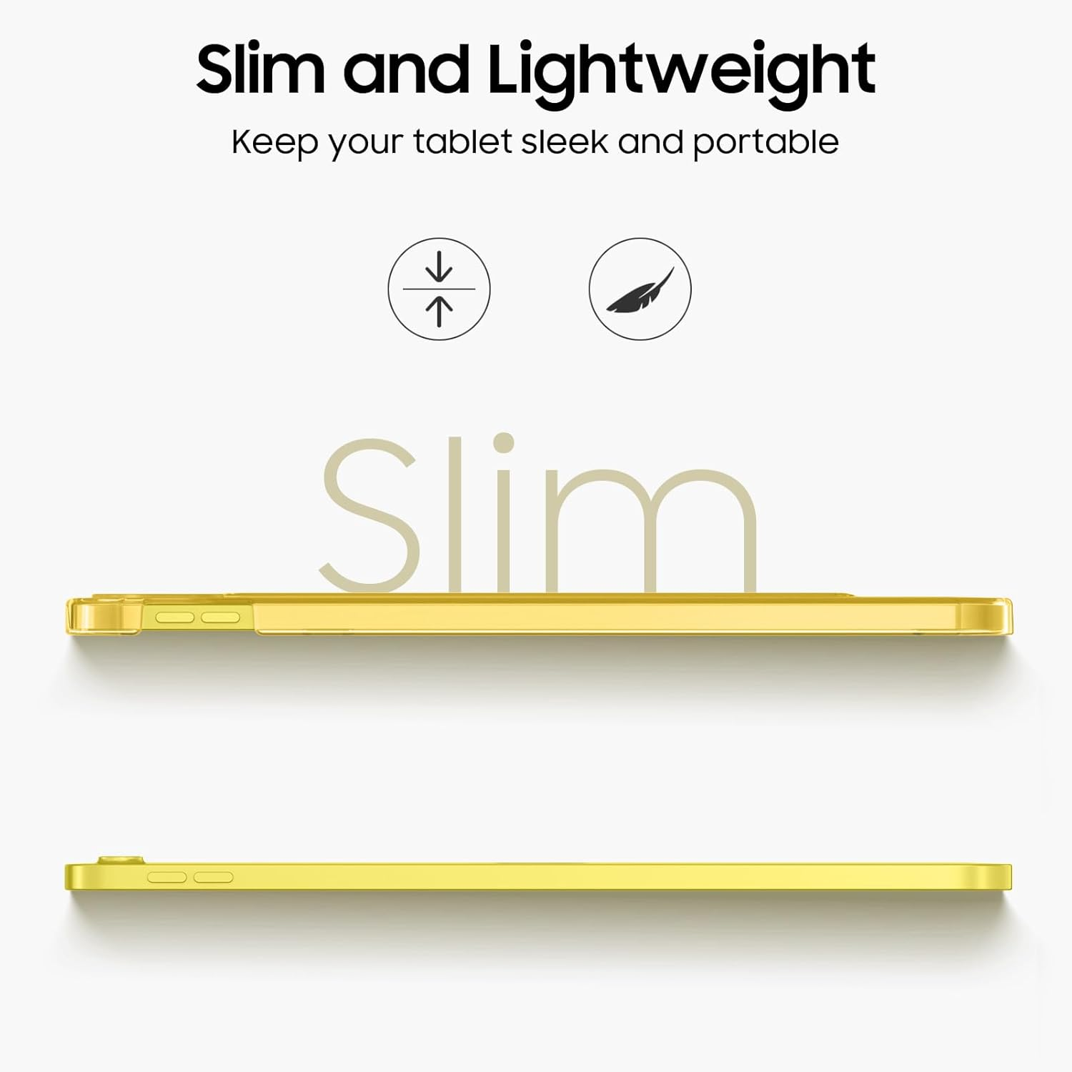 Ein schlankes, gelbes iPad-Gehäuse wird vor einem weißen Hintergrund angezeigt, wodurch das leichte Design hervorgehoben wird.