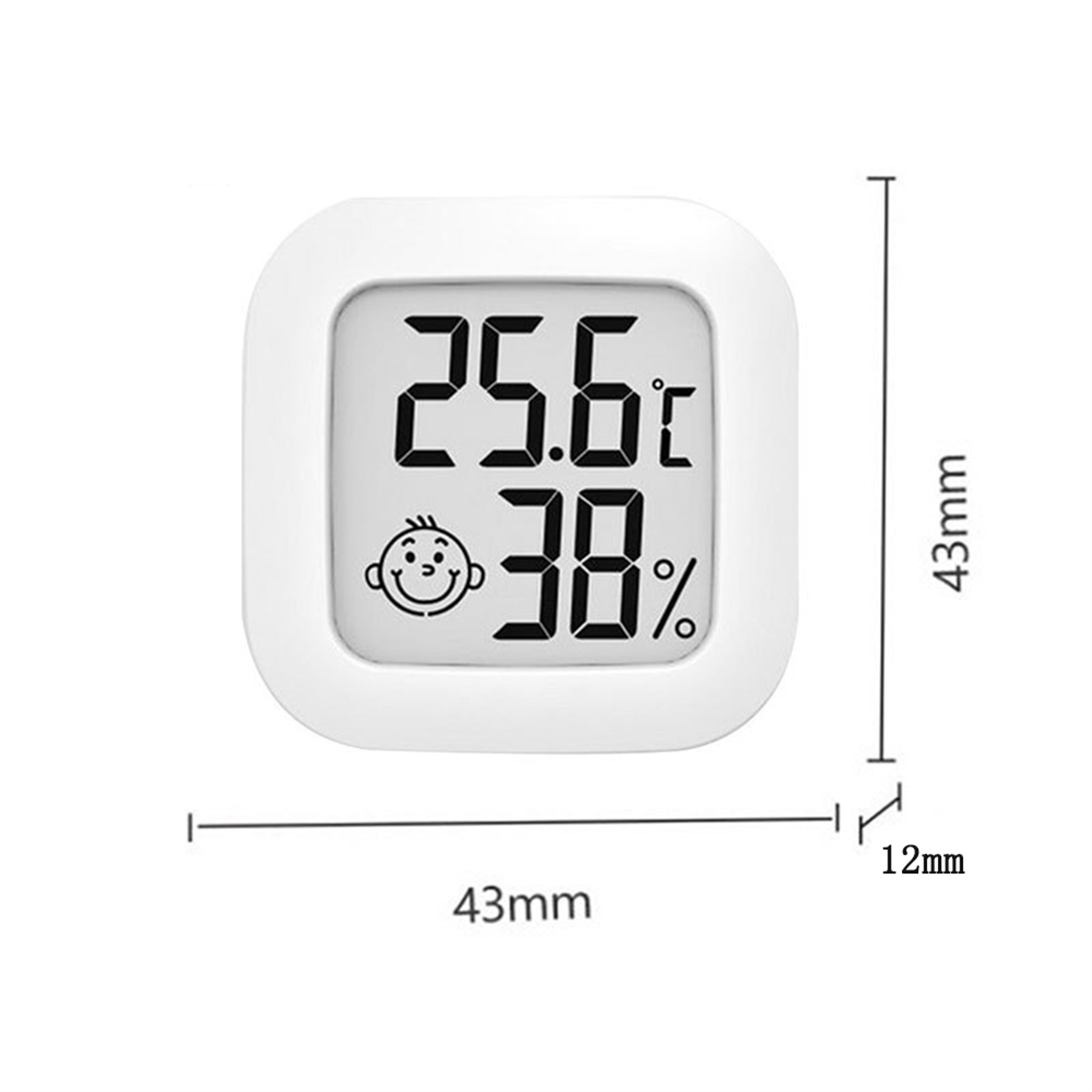 Ein kleines weißes Digitalthermometer, das 25,6 °C und 38 % Luftfeuchtigkeit anzeigt, wobei die Abmessungen in Millimetern angegeben sind.