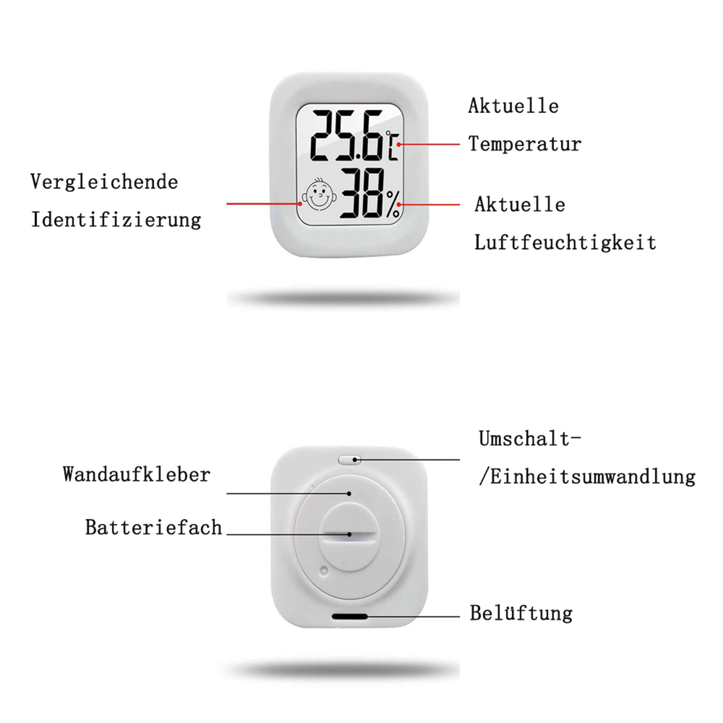 Ein weißes, quadratisches Digitalthermometer zeigt 25,6°C und 38% Luftfeuchtigkeit auf weißem Hintergrund.