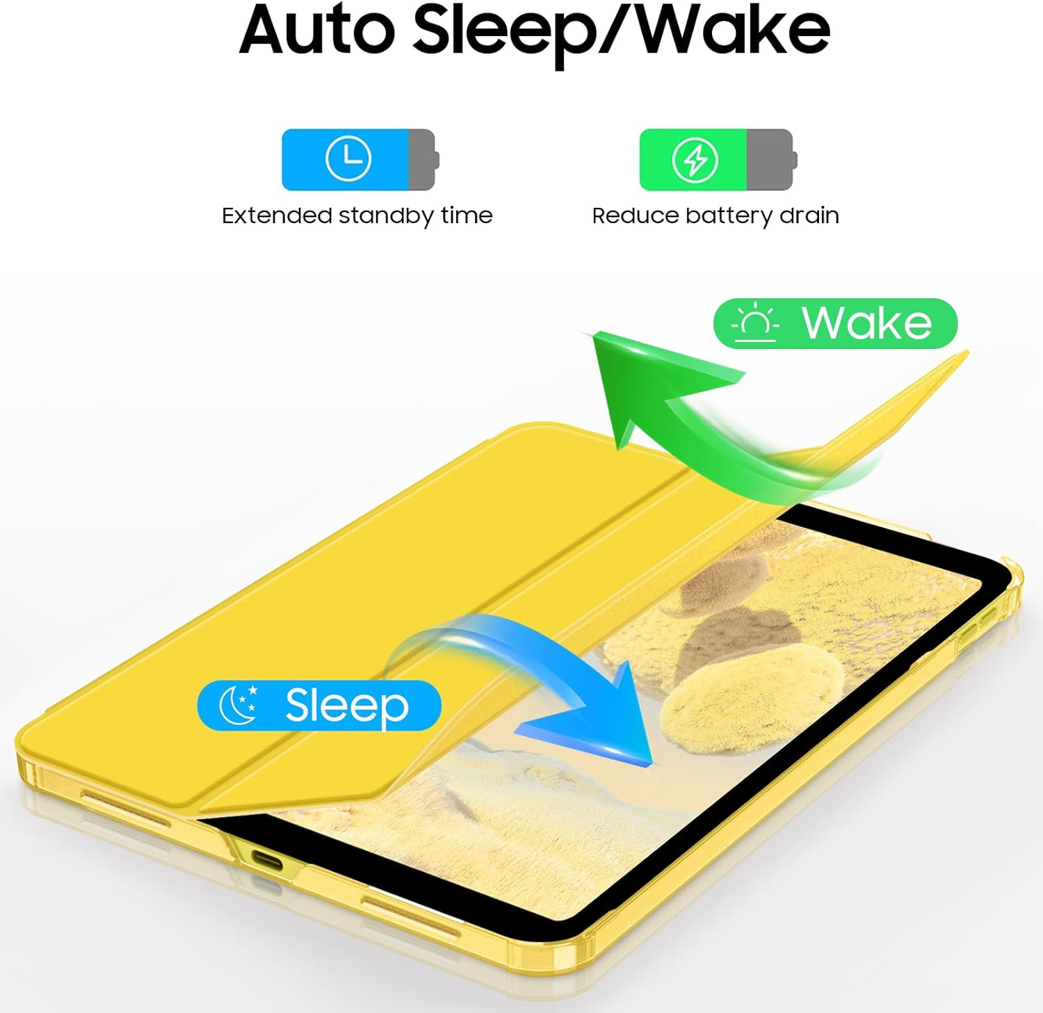 Eine gelbe Tablet-Hülle mit 'Sleep'- und 'Wake'-Pfeilen, die die automatische Schlaf-/Wachfunktion des Tablets veranschaulichen.