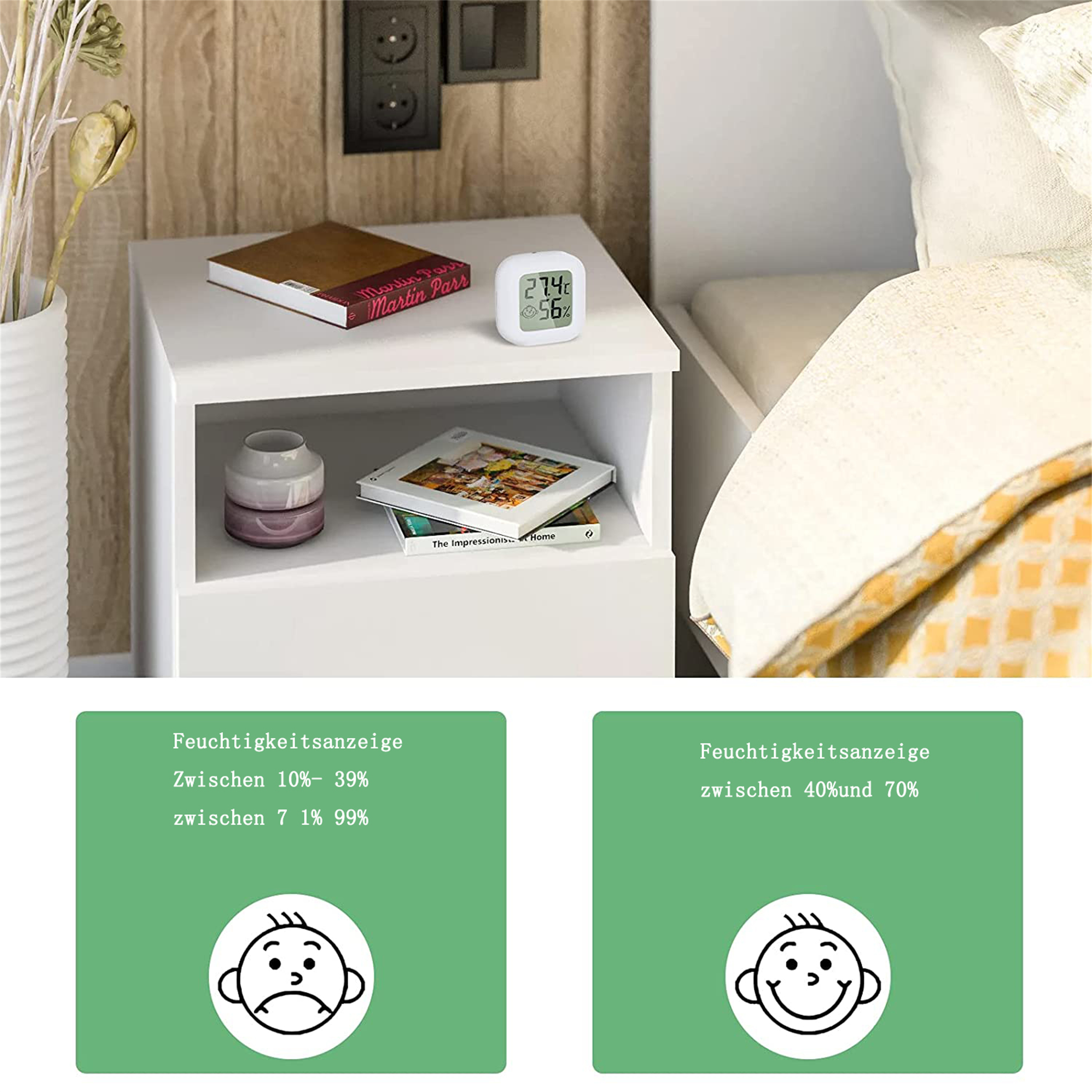 Nachttisch mit Büchern und einem kleinen digitalen Thermometer, das 27,4 °C und 56 % Luftfeuchtigkeit anzeigt.