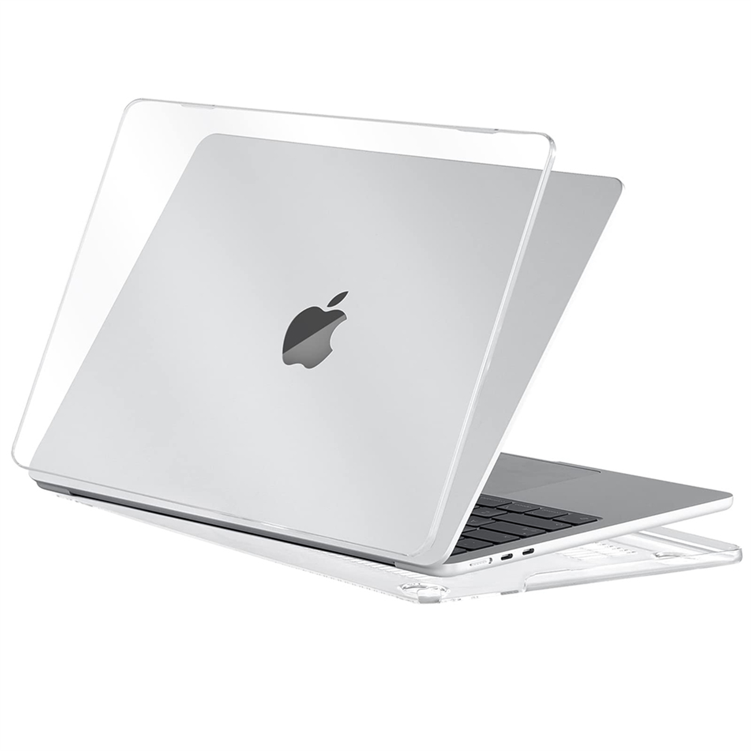 Bild eines silbernen Laptops mit einer transparenten Hülle, das das Apple-Logo auf der Rückseite zeigt.